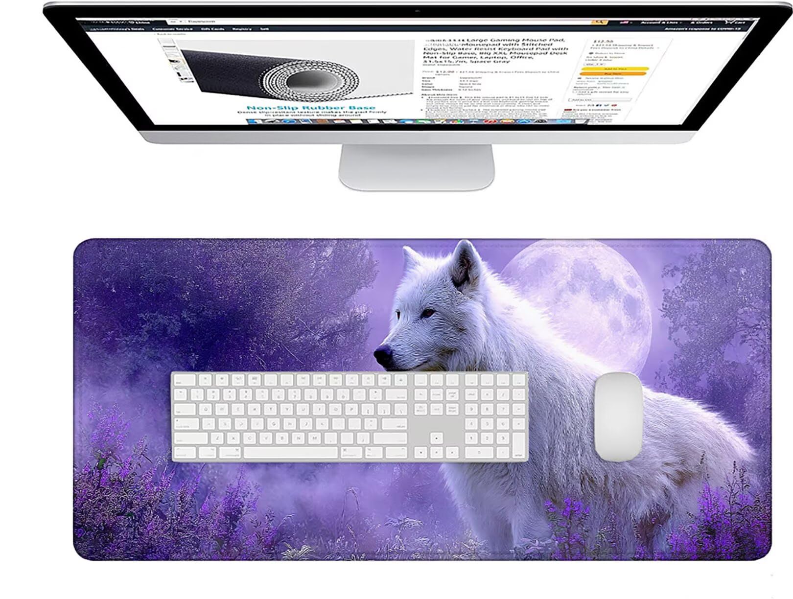 Tappetino Mouse Gaming Viola Tappetino Mouse XXL 1000x500x3 mm, Wolf Mousepad Accessori Gaming con Bordi Cuciti, Sottomano Scrivania Migliorare la Precisione e la Velocità per Giocatori, Regalo w-6374
