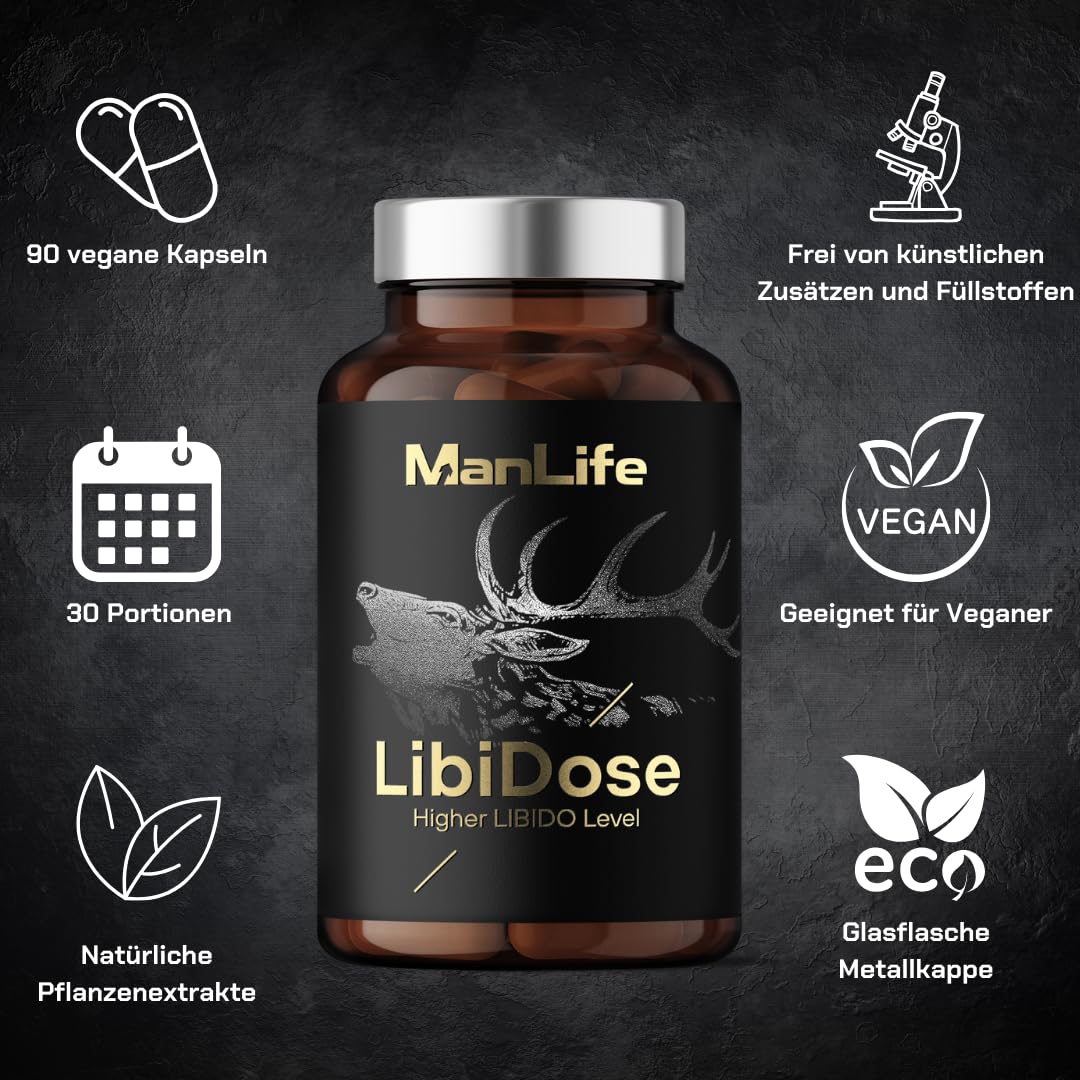 Libido Booster – MACA, Tribulus terrestrisn, Muira puama, Rhodiola rosea - Kapseln für Männer zur Steigerung von Libido, Empfindungen, Verlangen, Leidenschaft | ManLife LibiDose 90 vegane Kapseln