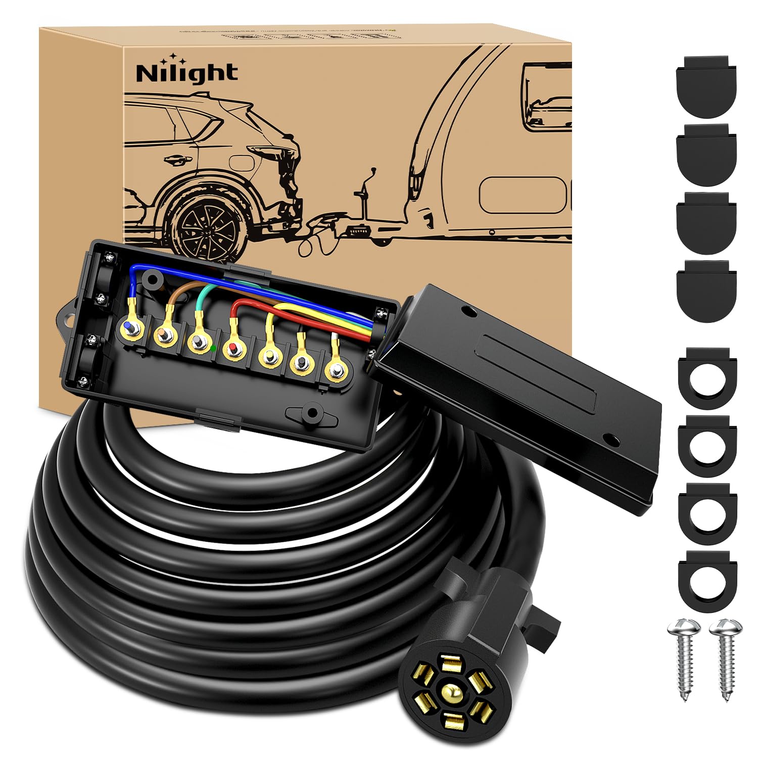 Nilight Heavy Duty 7 Way Inline Trailer Plug with 7 Gang Junction Box - 16 Feet Trailer Connector Cable Wiring Harness with Weatherproof Junction Box Suitable for RV Automotives Cars,2 Years Warranty