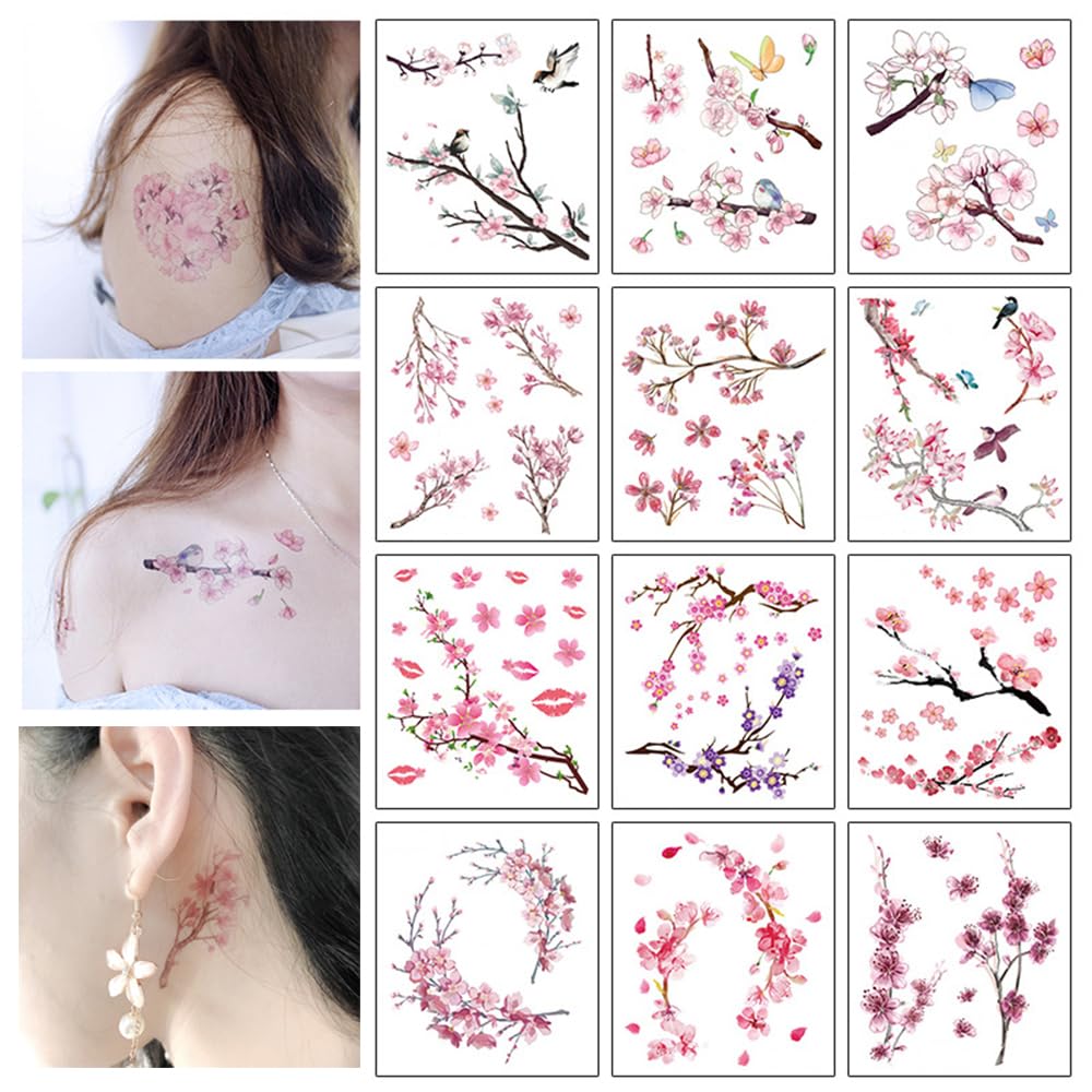 S.A.V.I 12 Pcs Cherry Blossom Temporary Tattoos for Women & Girls | 4.7x4.1 inch Floral Body Art | Safe Non-Toxic Waterproof Design for Shoulder, Neck, Arm | Easy to Apply & Remove (2)-image-10