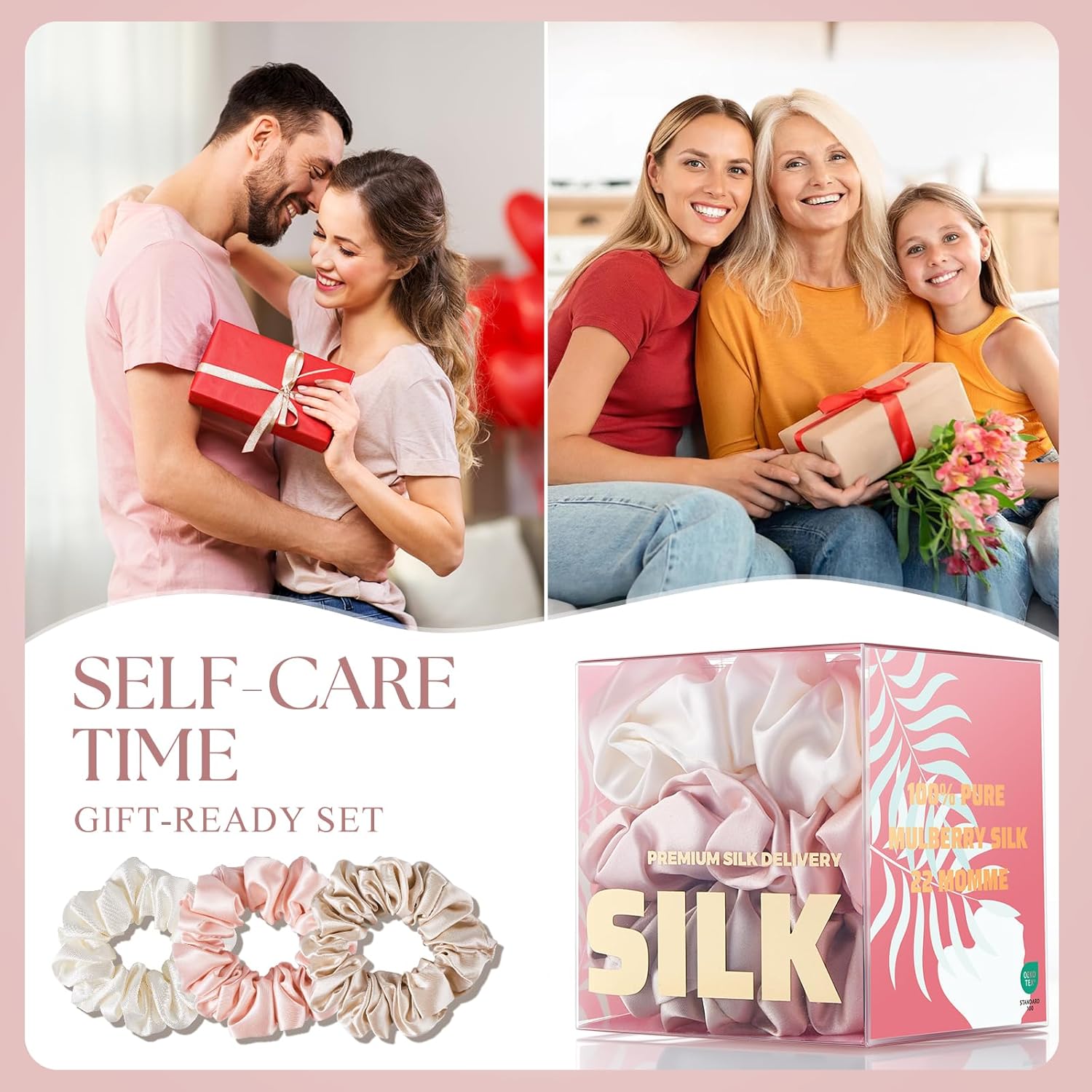 PILAVA 100% Mulberry Silk Scrunchies, 3 Pack 22 Momme Large Silk Hair Ties for Women, Oversized No Crease Ponytail Holders for Thin or Fine Hair, Soft Gentle Hold for Sleeping & Night Care, Gift Set