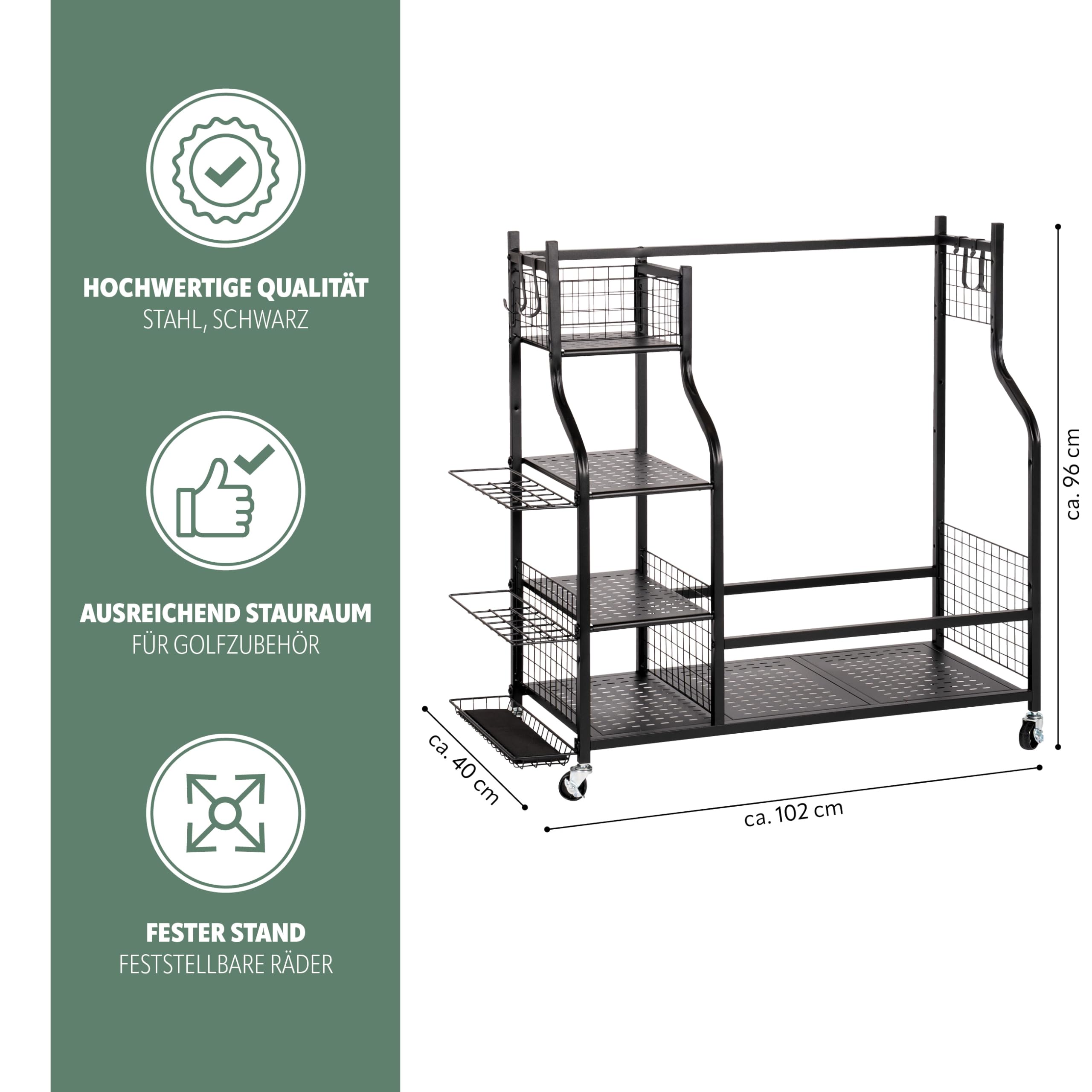eluno Golftaschen-Organizer, Regalwagen mit stabilen Ablagefl�chen und K�rben, Aufbewahrungsregal passend f�r 2 Golftaschen und Golfausr�stungszubeh�r, Golftaschenhalter, aus schwarzem Stahl