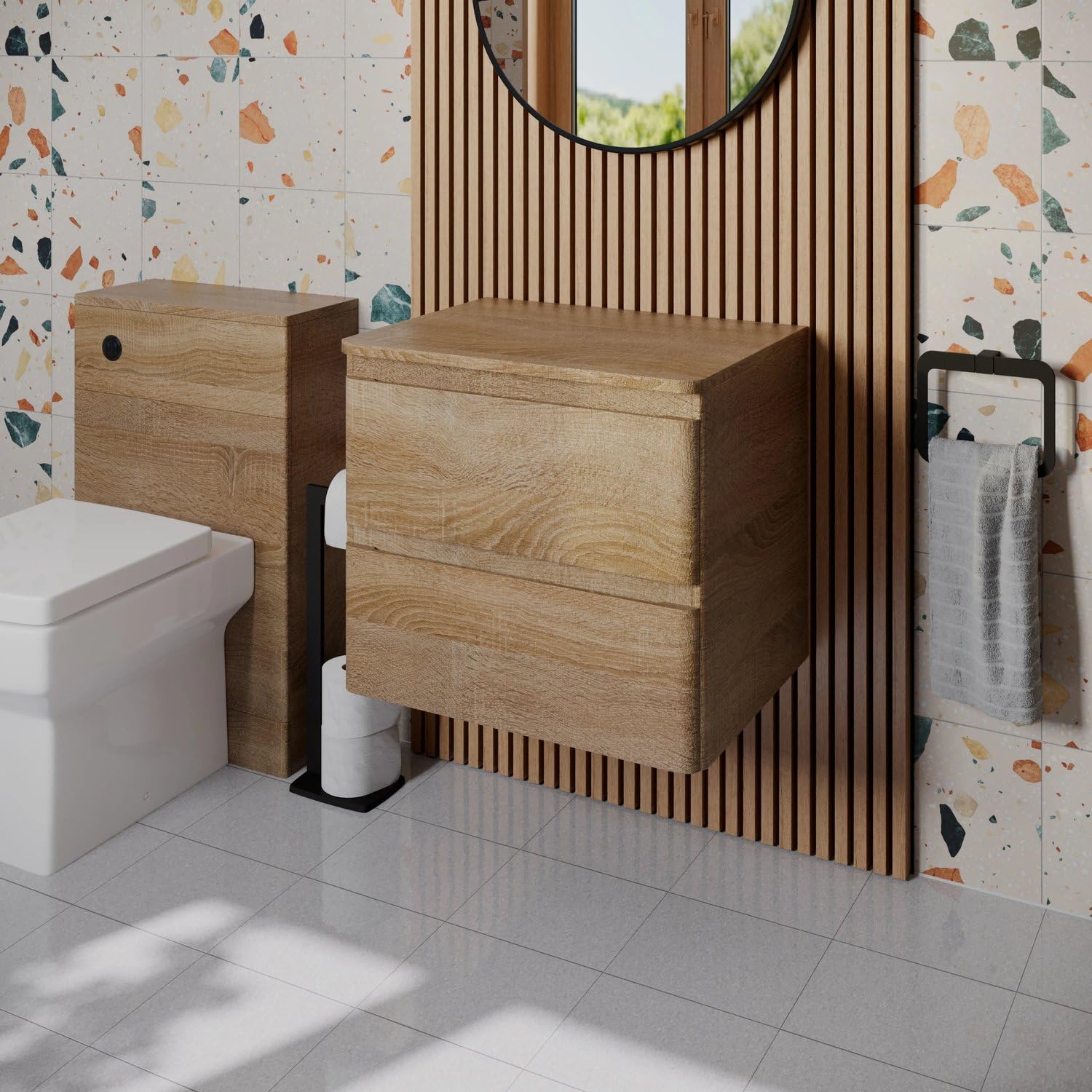 Affine® Forma 600mm Bathroom Vanity Unit Wall Mounted Storage Cabinet Cupboard Furniture Cloakroom, Soft Close Drawers, Oak Wood Effect, No Basin