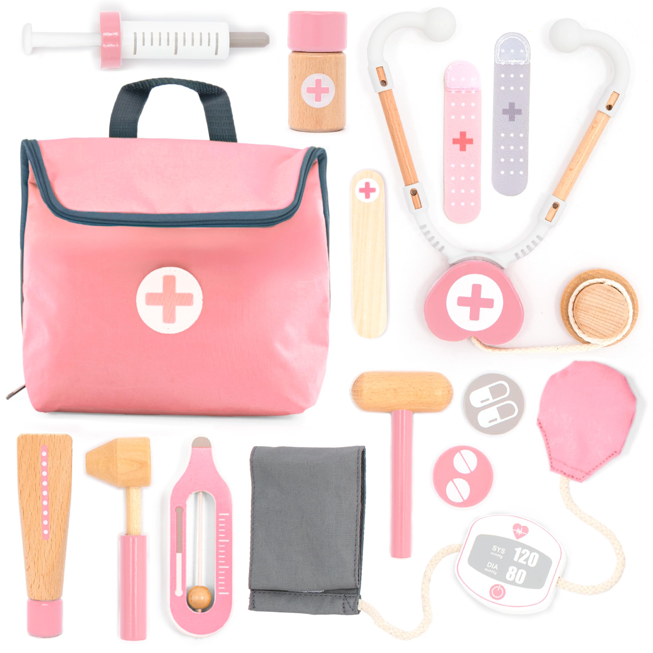 UMU® Mini Wooden Doctor Kit for Kids – 14-Piece Pretend Play Medical Set with Stethoscope, Blood Pressure Monitor & More – Girls' Toy Doctor Case for Children Ages 3 4 5 6
