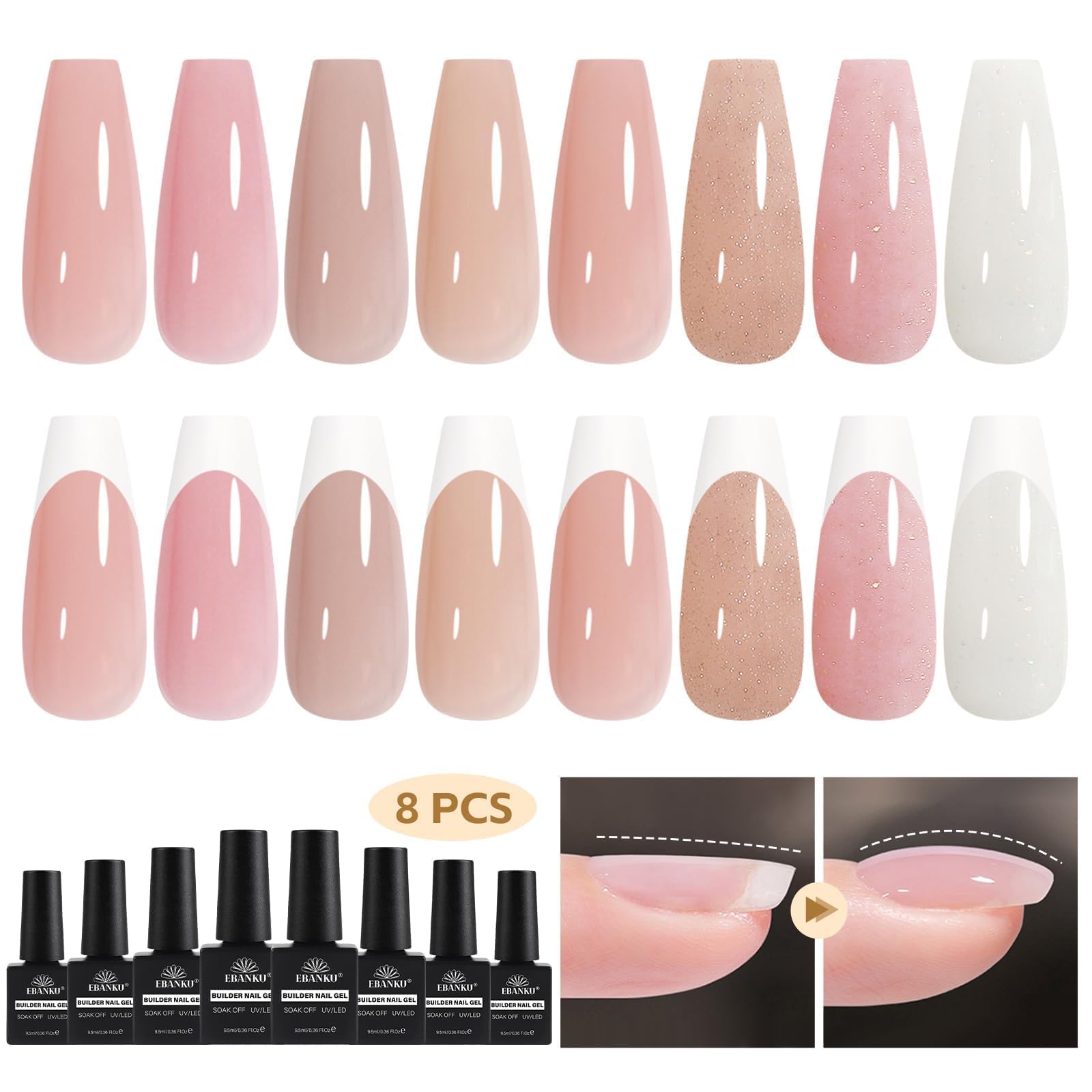 EBANKU8 in 1 Builder Nail Gel, 8 Colors Nude Pink Builder Base Strengthener Gel Hard Gel Builder Gel Nail Polish for Strong Nails, Extension, Professional Nail Repair, Quick Extension Gel