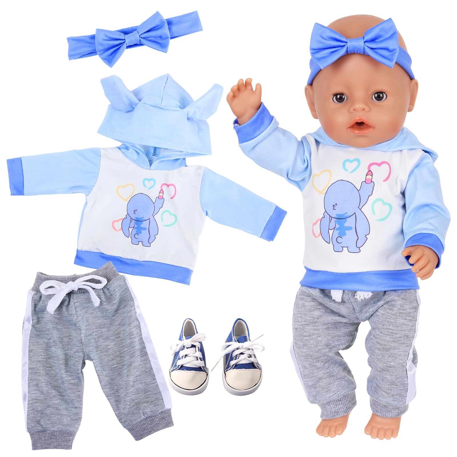 Blue Baby Doll Clothes for 14-18 Inch Baby Doll, 4 Pcs Cute Doll Outfits with Hoodie Pants Shoes Headband Compatible with New Born Baby 30-45 cm, New Baby Dolls Clothing Girls Present Gifts