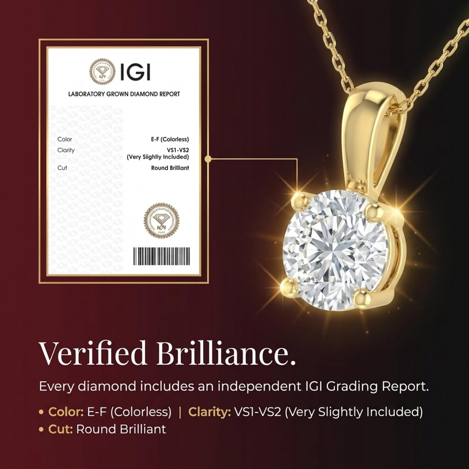 EternalDia IGI Certified 0.25Ct-3.00 Carat Diamond Color/Clarity F-VS2, 14K Gold 4 Prong Set Round-cut Lab Grown Diamond Solitaire Necklace Pendant Chain