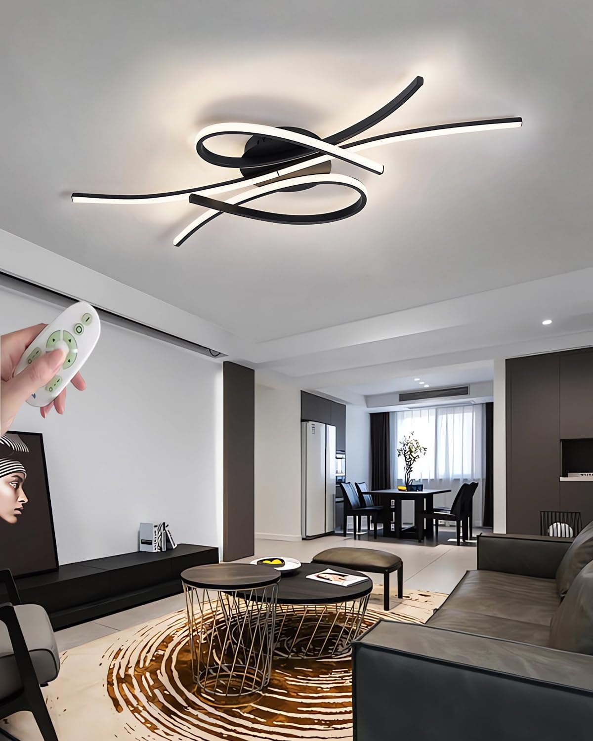 LED Musical note ceiling lamp,Modern LED Lights for Bedroom,Dimmable 52W Ceiling Light,Bedroom Lighting Fixture Creative Aluminium Design Interior Light,for Living Room,Dining Room (Black, 100CM)