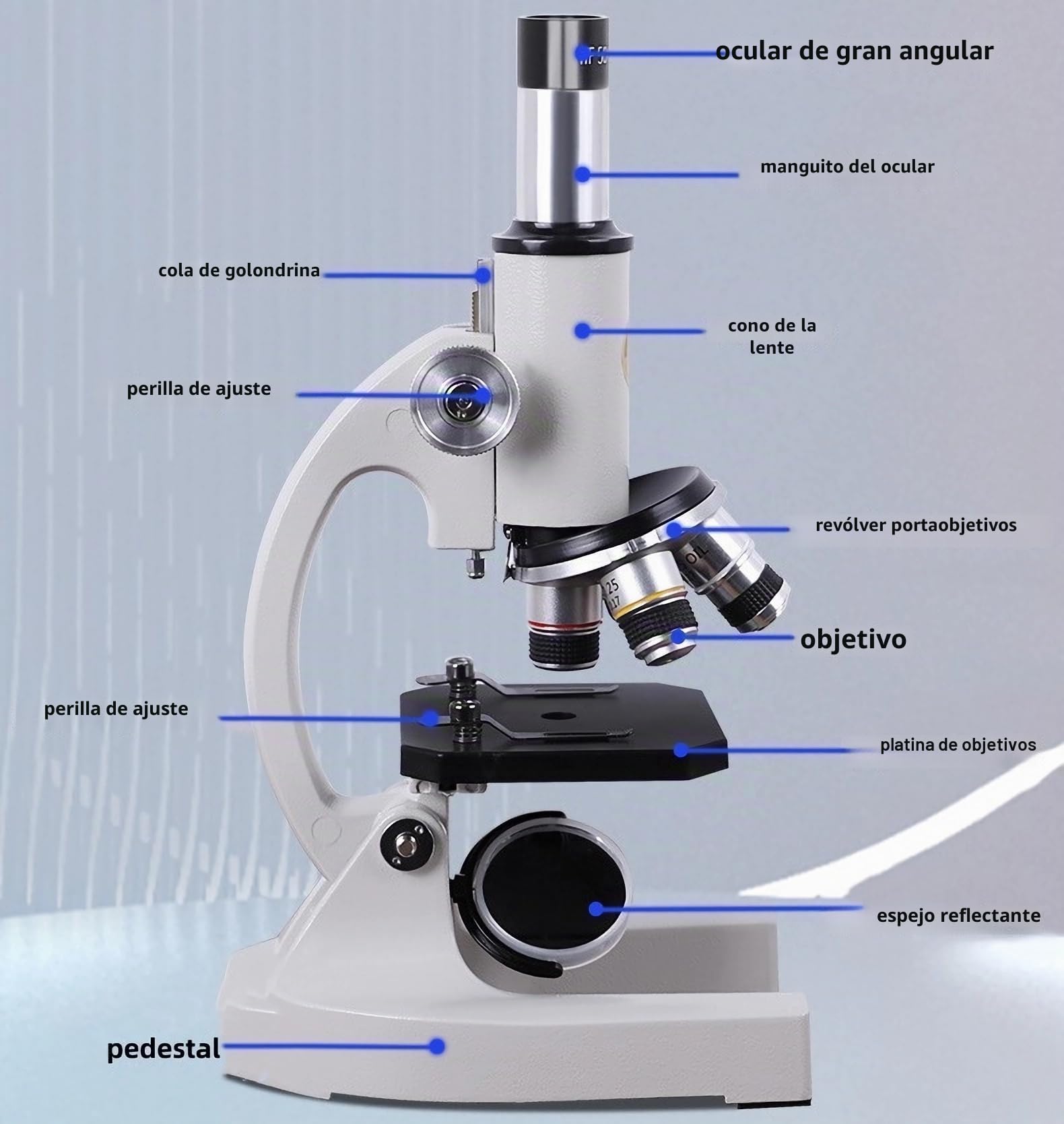 Microscopio-200-4000X de aumento, microscopio educativo biológico para estudiantes y adultos, con clip para teléfono, muestra biológica y luz de relleno (blanco)