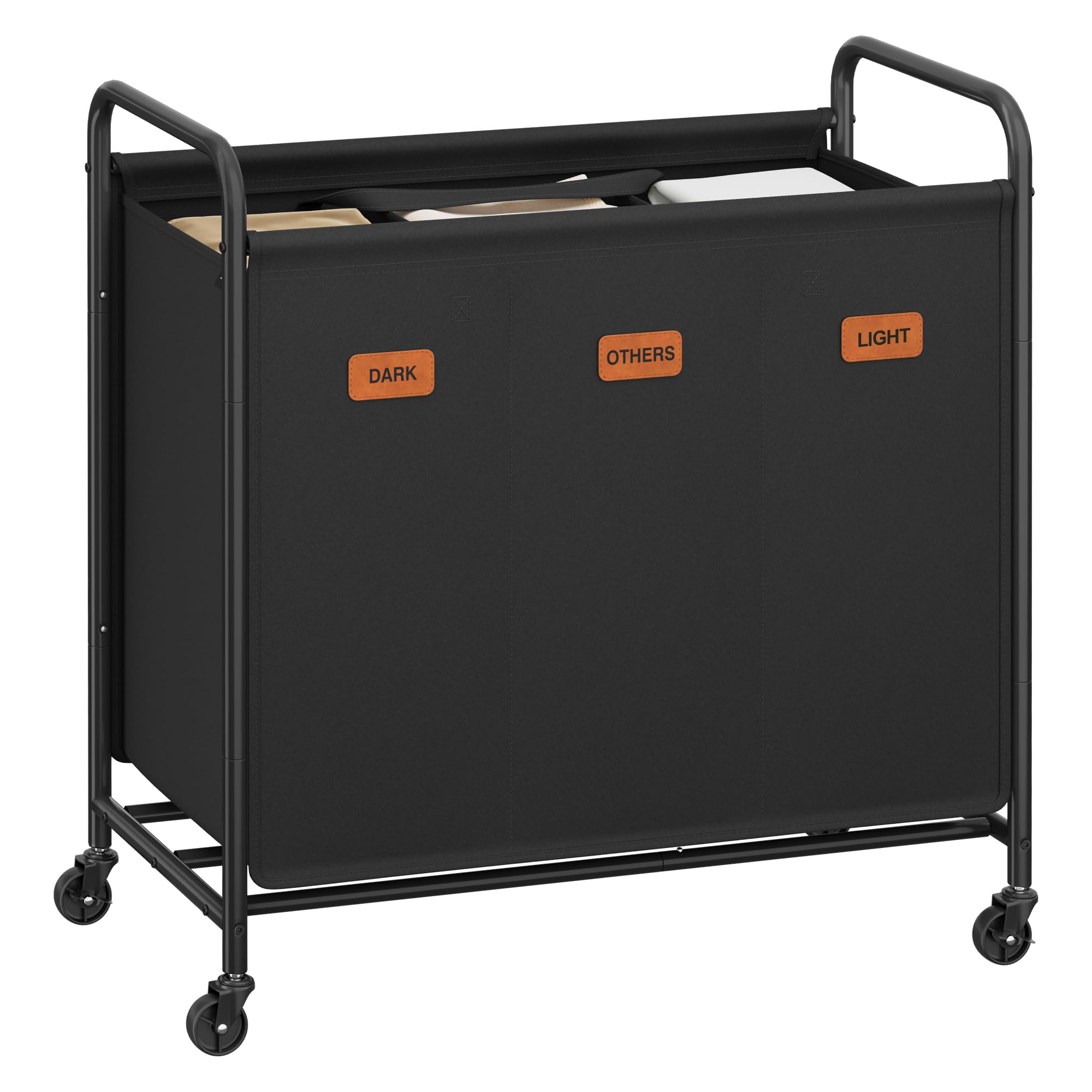 SONGMICS Carrello Portabiancheria, a 3 Scomparti, 170 L, con 5 Etichette | Cesto Porta Biancheria, per Lavanderia, Camera da Letto, Bagno, Nero Inchiostro, Collezione STEVIE RLS330B01