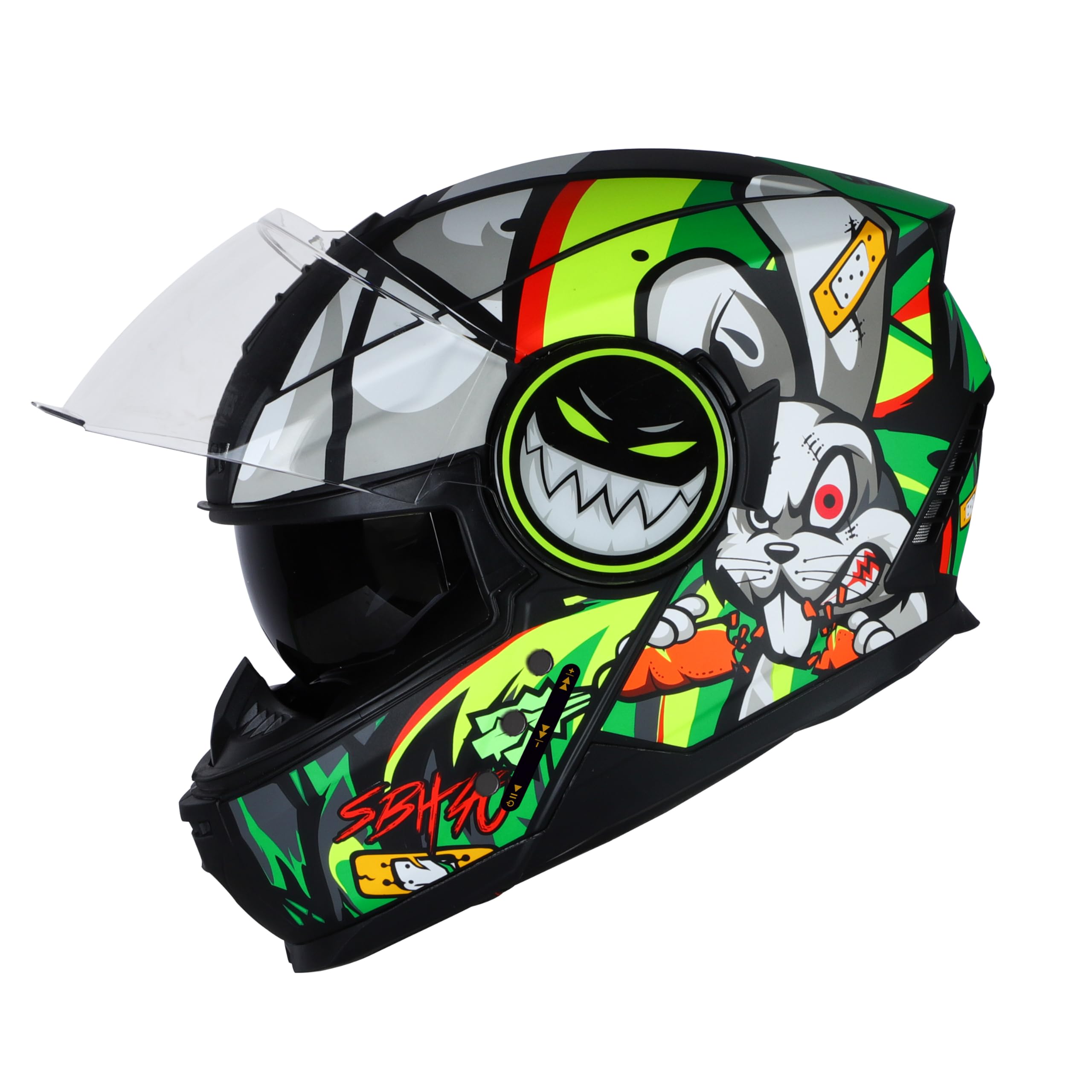 Steelbird Crazy Doe Bluetooth Full Face ISI Certified Motorcycling Helmet for Men with Inner Smoke Sun Shield | SBH-40 7Wings (Medium 580 MM, Glossy Black Green)