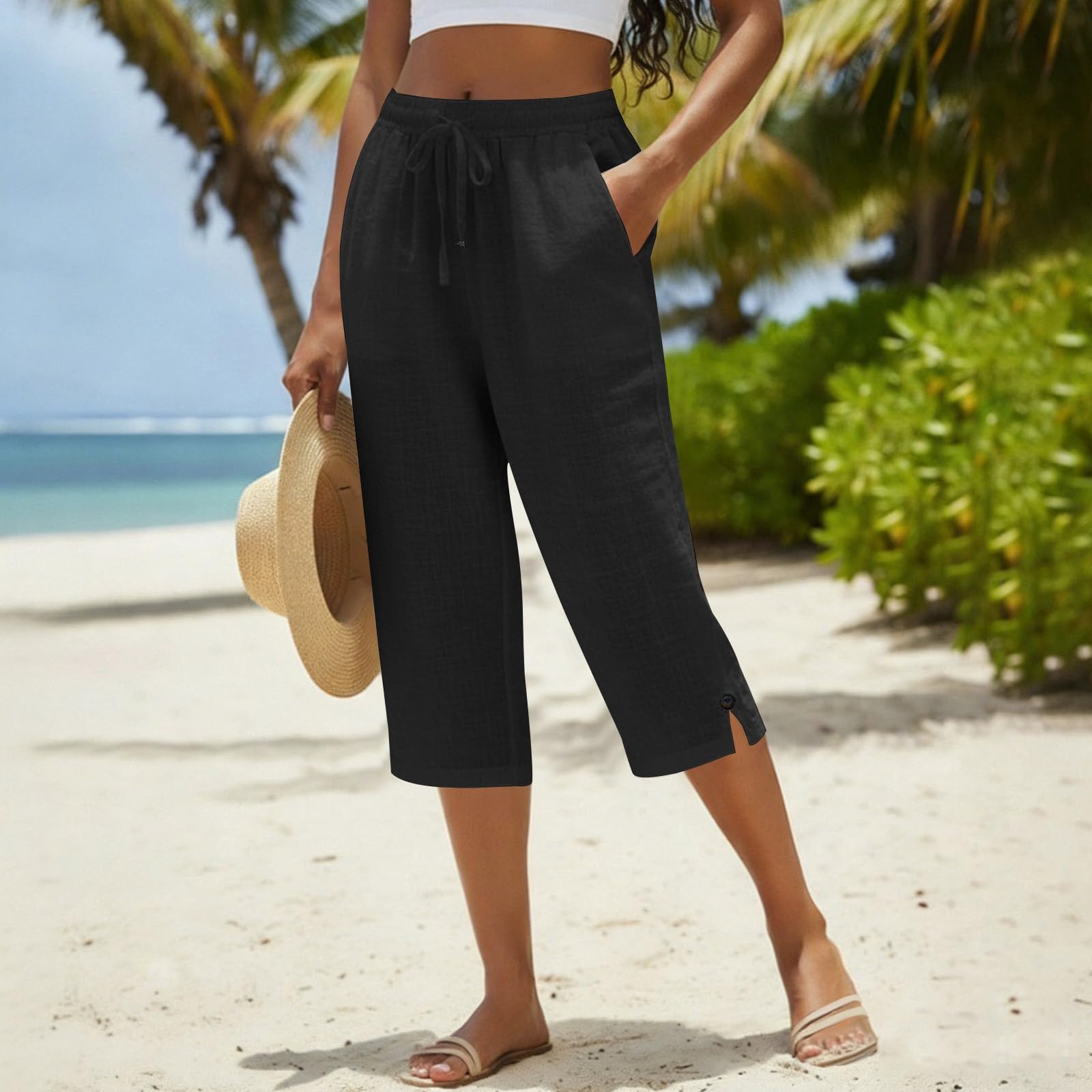Pantacourt Femme Été Pantalon 3/4 en Coton et Lin Pantalon de Jogging Léger avec Poches Taille Élastique avec Cordon Bouton à la Cheville Pantalon de Sport Décontracté pour Yoga Randonnée