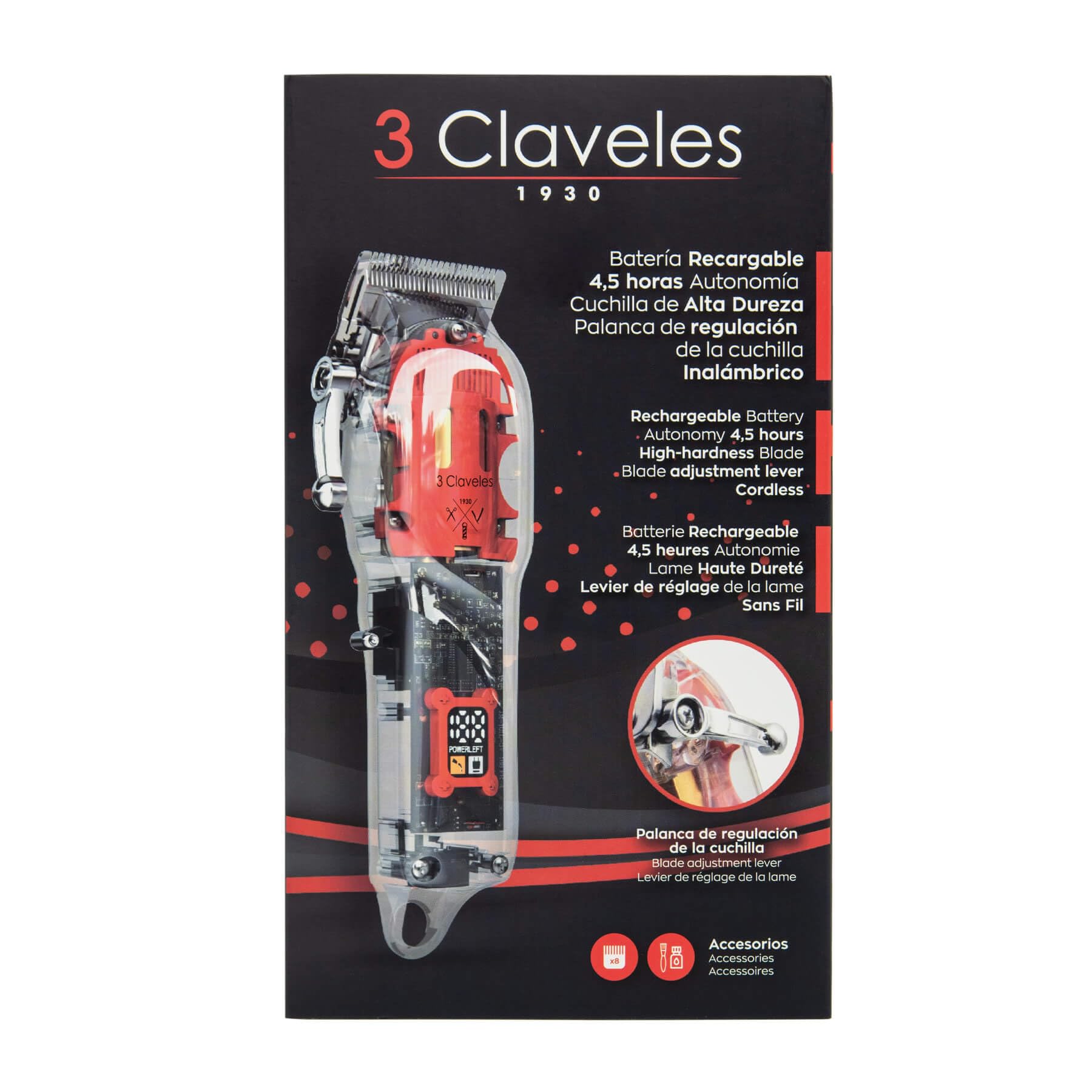 Cortapelos 3Claveles Inalámbrico de Diseño Transparente - Máquina cortar pelo Ligero y Potente, Corte de 18 cm, Batería de 2500 mAh