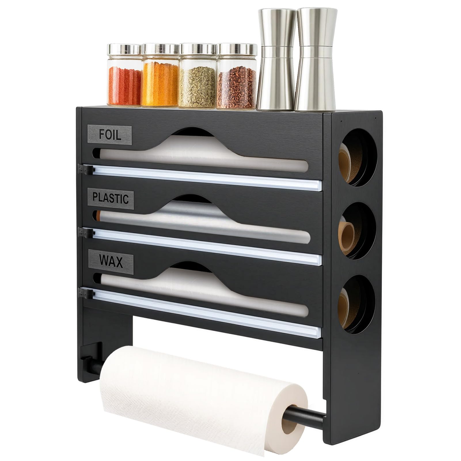 EVERGOODS Cling Film Dispenser and Cutter with Kitchen Roll Holder, 4-in-1 Bamboo Foil Dispenser Organizer with Paper Towel Holder, Wall-Mount or Countertop Wrap Storage Compatible (Black)