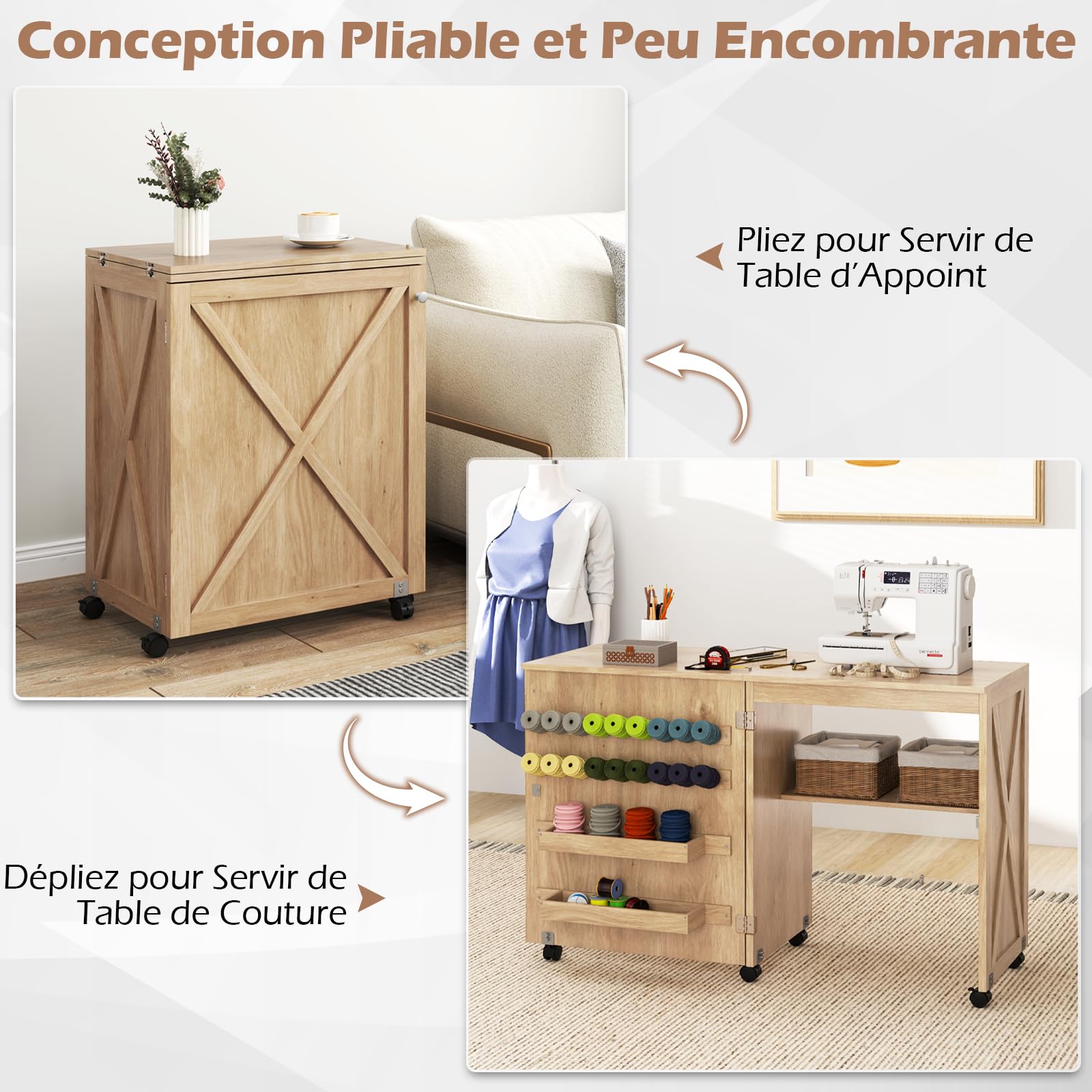 RELAX4LIFE Table de Couture Pliante avec 3 Compartiments, roulettes Verrouillables, Etagère de Rangement, Armoire pour Machine à Coudre Peu Encombrante pour Aiguilles Fils et Ciseaux (Naturel)