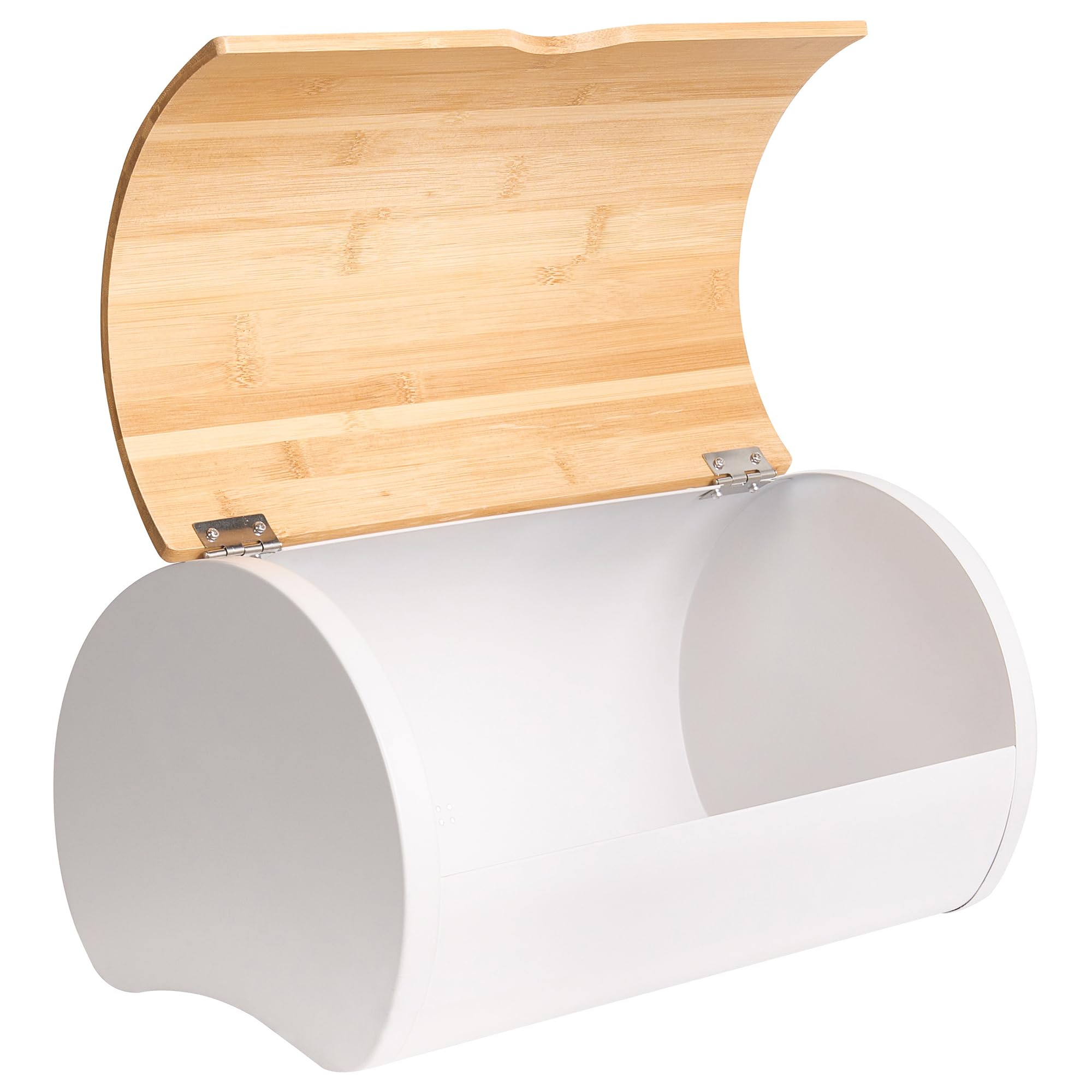 Beliani Brotkasten Eisen weiß/hellbraun mit Bambus-Klappdeckel halbrund 38 x 24 x 20 cm modern Saveur