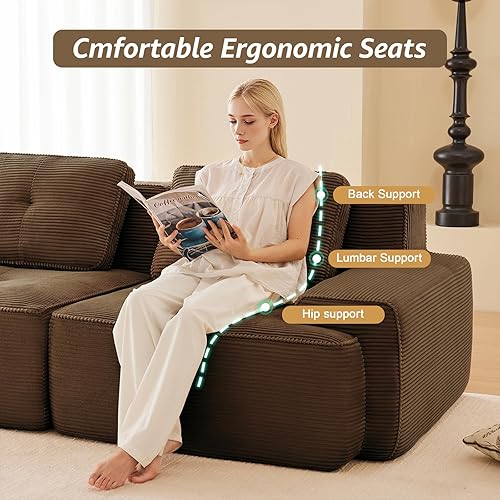 Miniatura 4 de Sofás modulares deshuesados de 115 pulgadas para sala de estar, sofá modular de pana, sofá modular marrón, 3 plazas con 1 otomana, sofás para sala