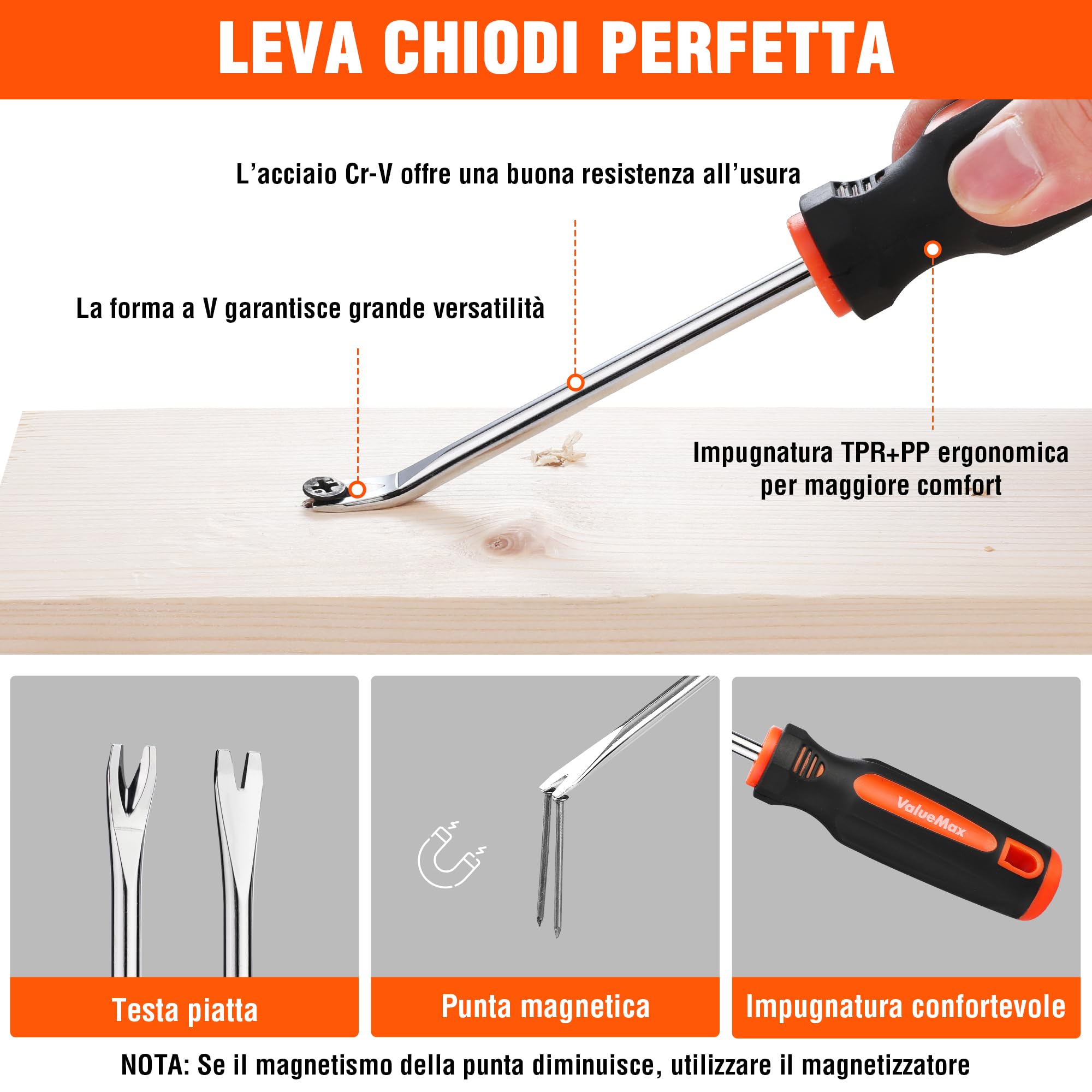 ValueMax Set di Strumenti per Rimuovere Graffette, 3 Pezzi, Estrattore Per Chiodi da 185 mm, Pinza per Chiodi a U e V da 200 mm, Strumento per Estrattore di Chiodi per Mobili di Pneumatici in Legno