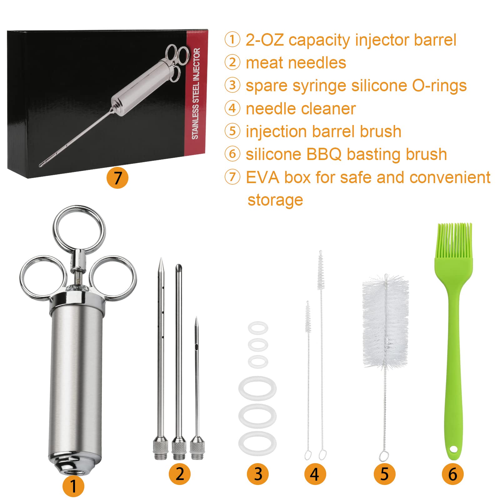 Seringue Alimentaire de Cuisine 60ml en Acier Inoxydable avec 3 Aiguilles de Marinade et 2 Nettoyeurs d'aiguilles, 6 Anneaux de Rechange en O, 1 Pinceau en Silicone