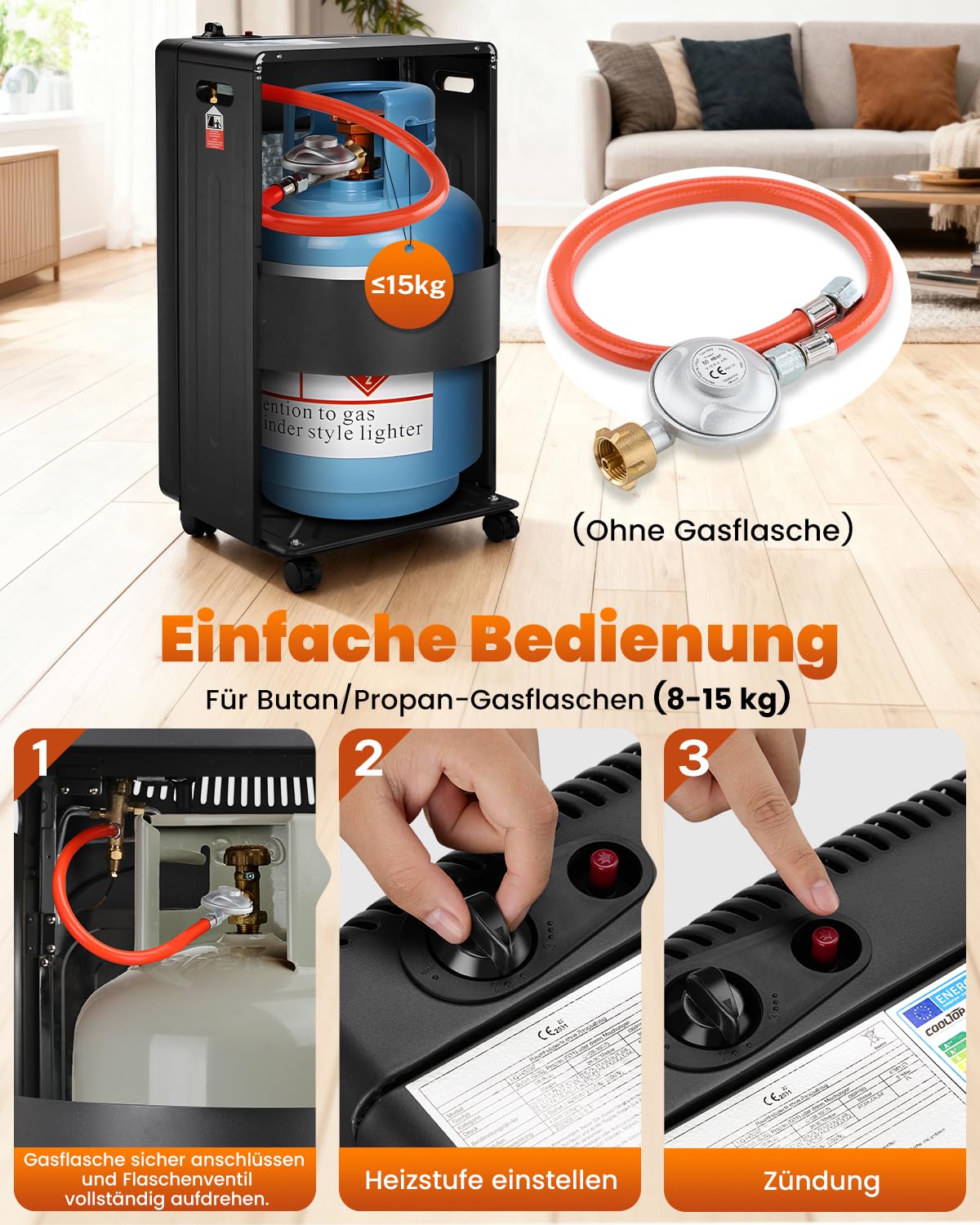 Cooltop 4200W Keramik Gasheizer, Gasheizung Für Innenräume, Heizstrahler Gas Für Butan-oder Propangasflaschen bis 15kg, Ohne Gasflasche, inkl. Druckregler, Gasschlauch (Schwarz)