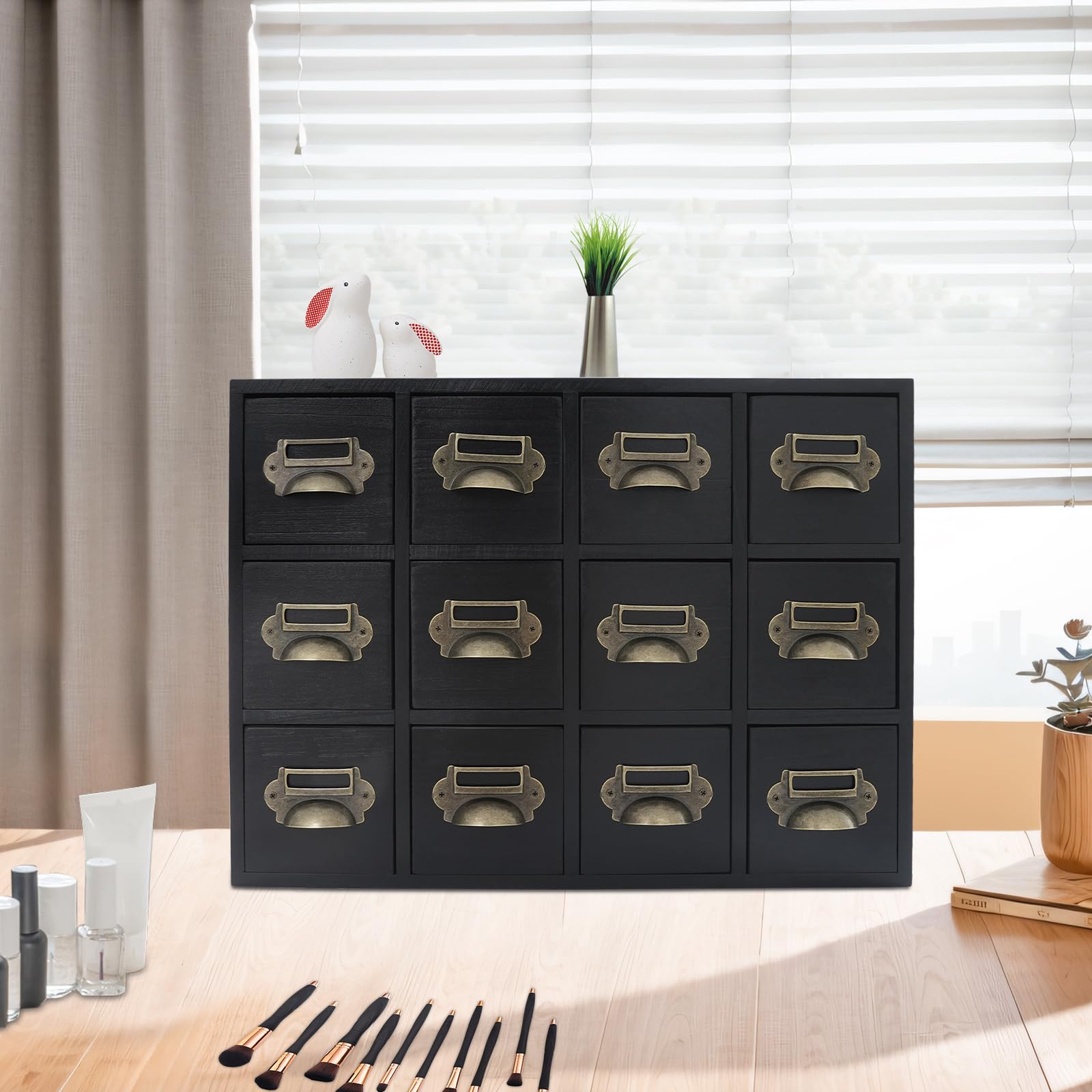 BAIODNB 12 Drawers Vintage Apothecary Cabinet with Drawers Tabletop Apothecary Drawers Library Card Catalog Cabinet Medicine Cabinets Wood Desk Organizer WoodenStorage Box (Black)