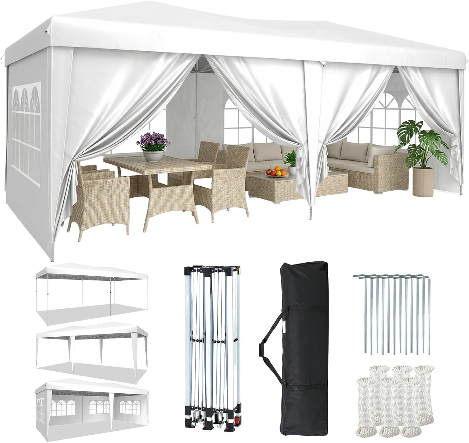 Aoxun 10×20 Pop Up Canopy Tent with 6 Removable Sidewalls, One Push Party Tent Waterproof Outdoor Canopy with 3 Adjustable Height, Portable Tents for Parties, Wedding, Commercial, Market