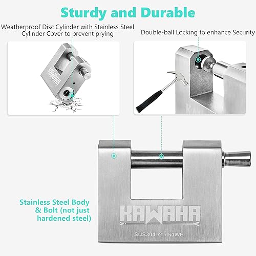 Miniatura 4 de Candado resistente en forma de D de acero inoxidable 7160KD-3K con llave para puerta de garaje, contenedores, cobertizo y almacén (2-34 pulgadas,