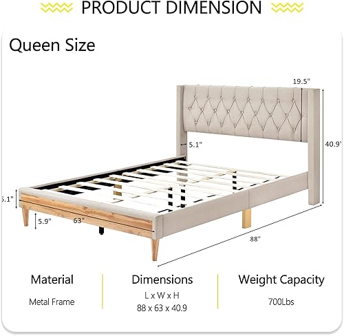 Miniatura 2 de Altillo Base de cama Queen con plataforma tapizada con cabecero y patas de madera de goma, fuerte capacidad de peso, antideslizante y sin ruido, no