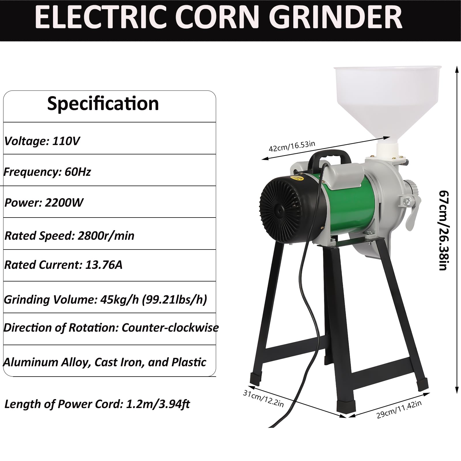 LOYALHEARTDY Electric Corn Grinder Machine, 110V 2200W Grain Mill Rice Corn Grain Bean Coffee Wheat Feed Mill Wet Cereals Grinder