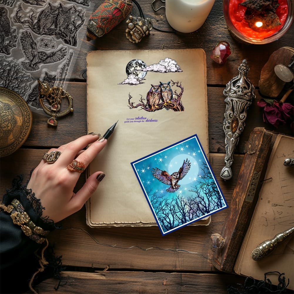 GLOBLELAND Halloween Owl Moon Clear Stamps Withered Tree Moon Cloud Silicone Stamps for DIY Scrapbooking Photo Album Decorative Cards Making Home Decoration 8.27x5.83inch