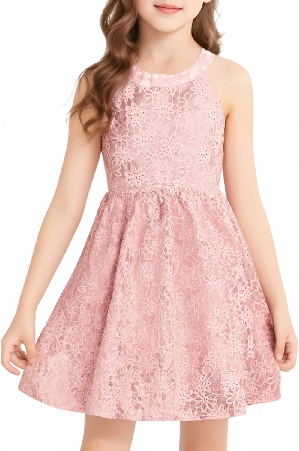 Girls Halter Neck Sleeveless A-Line Flared Swing Flower Lace Casual and Party Dress 6-13 Years
