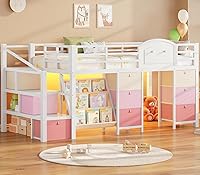 VIAGDO Twin Low Loft Bed with 9 Storage Drawers, Bookcase, LED Lights & Under-Bed Playhouse - Safe Metal Frame, White