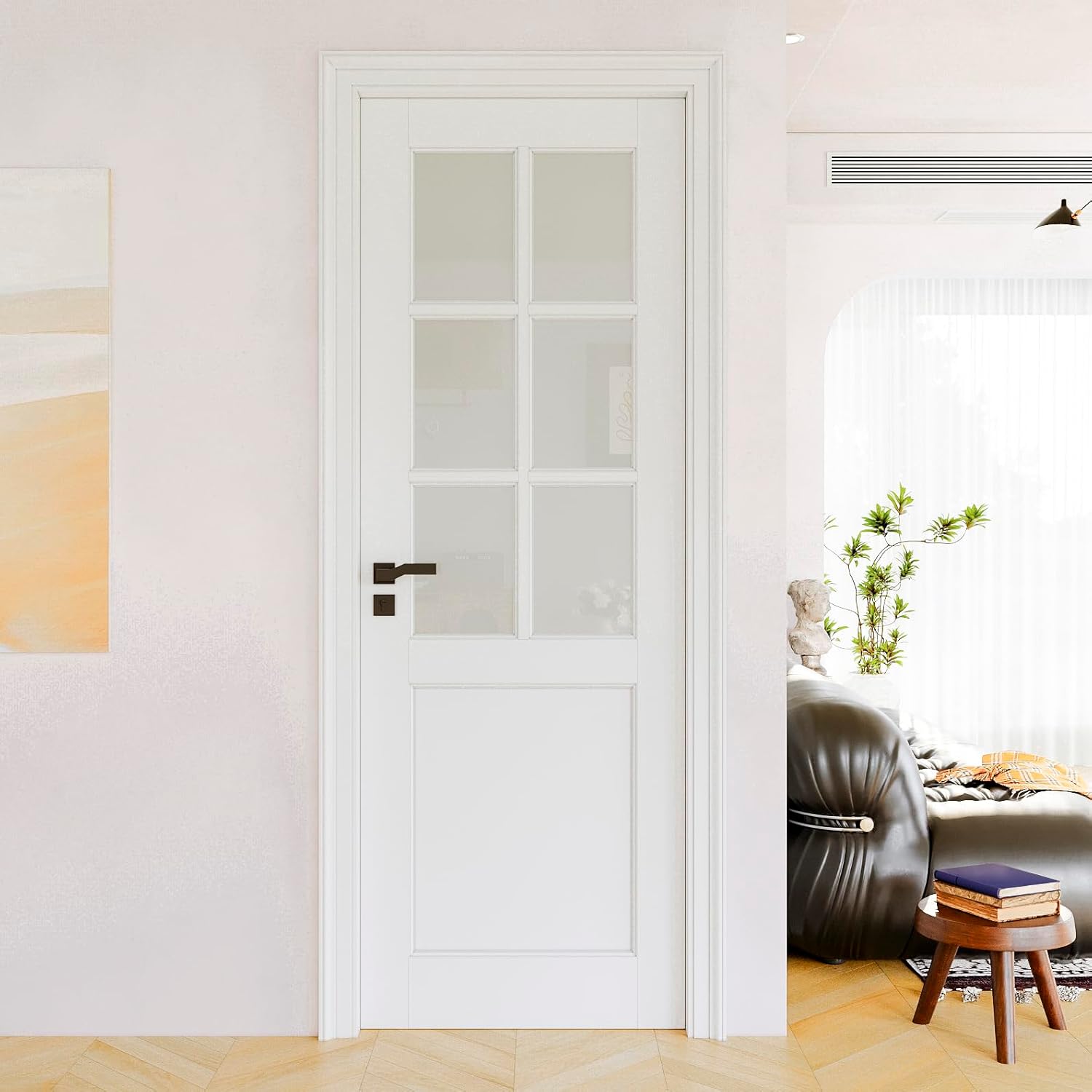 28" x 80" Slab Door, 6-Panel Pre-Assembled Frosted Glass French Doors Interior Slab, Soild Core & Pre-Finished Single Glass Door Panel for Pantry Bedroom Closet as Pocket, Bifold, Barn Doors