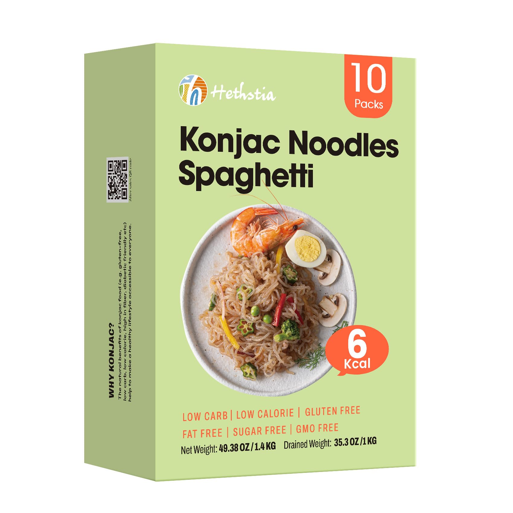 Hethstia Shirataki Noodle, Konjac Noodles Pasta Spaghetti, Gluten-Free, Vegan, Keto Friendly, Low-Calorie, Low-Carb, Sugar-Free, 56.5 Oz (10 Packs), Low GI, Healthy Diet, Ready to Eat