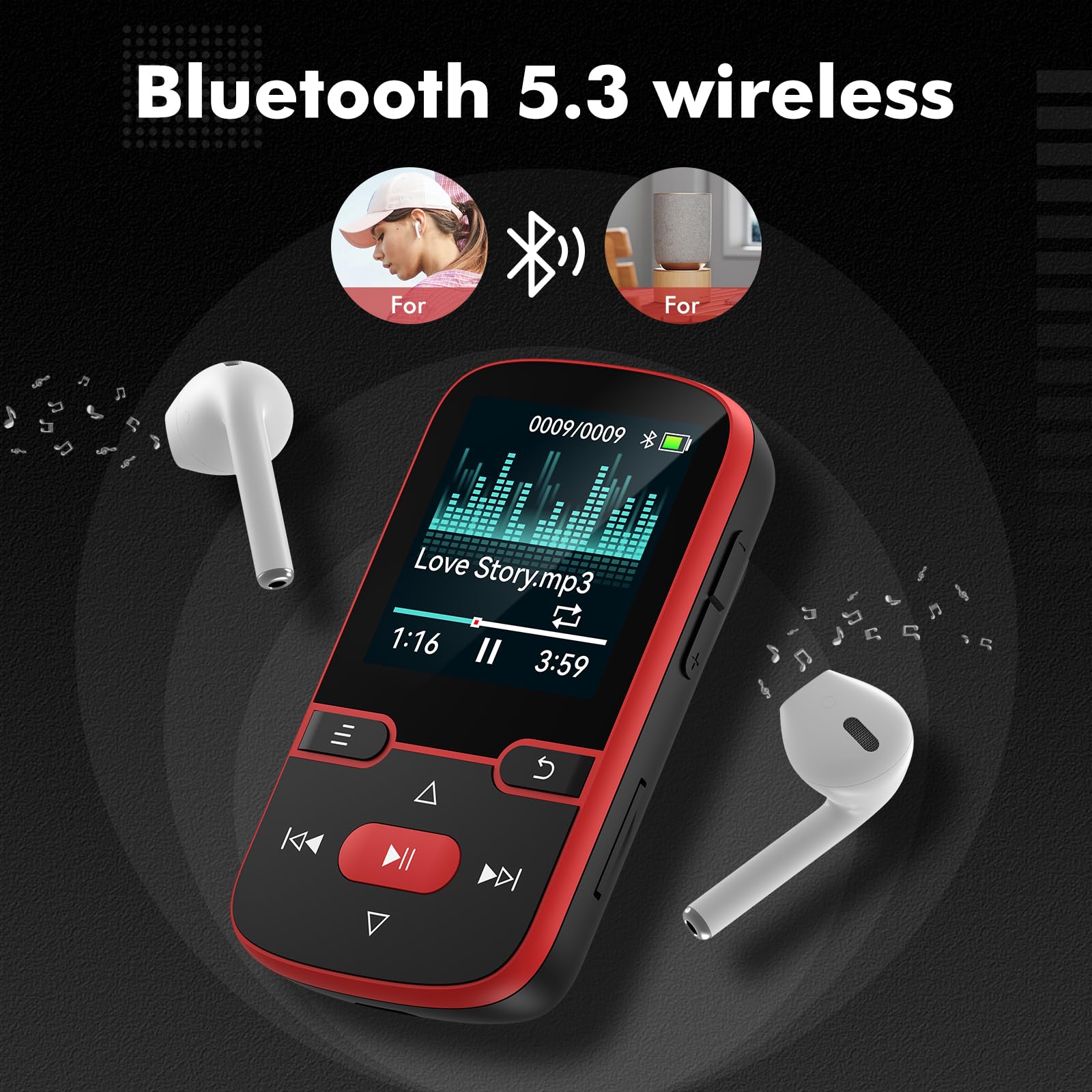64 GB Lettore MP3 con Bluetooth 5.3, Music Clip Sport, schermo TFT da 1,5". | Solo 28 g di luce con clip per lo sport, radio FM, registrazione vocale, ripetizione casuale e di brano, pulsanti fisici