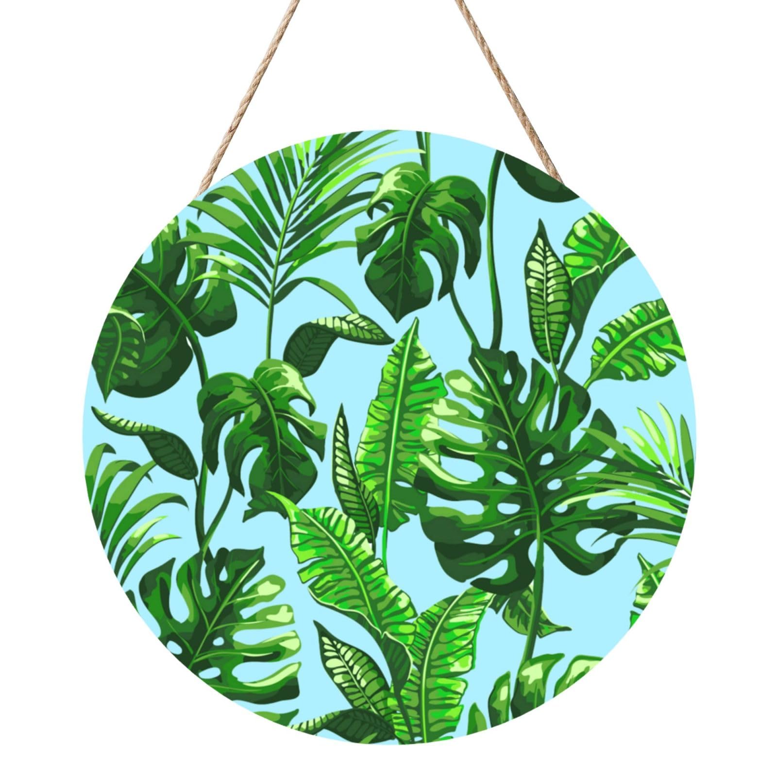InOmak Tropical Palm Leaves, Round Wood Panel Painting 12 in, Wall Hanging Painting For Home
