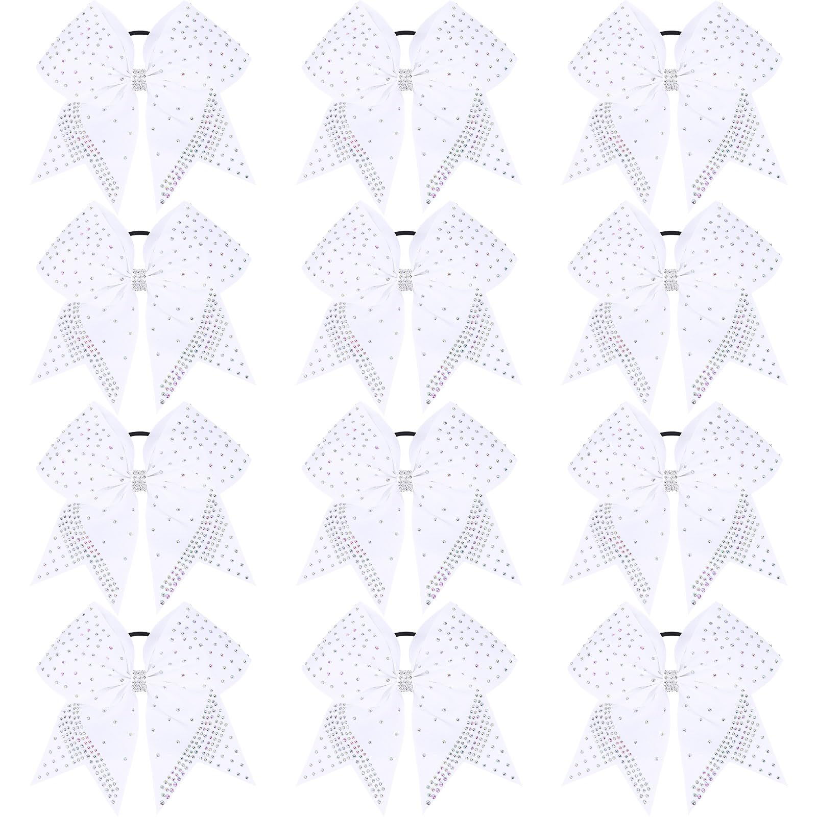 Oaoleer 12PCS Glitter Cheer Hair Bows for Cheerleading, 7inch Large Jumbo Cheer Bow with Ponytail Holder for Teen Girls Softball Cheerleader (White)