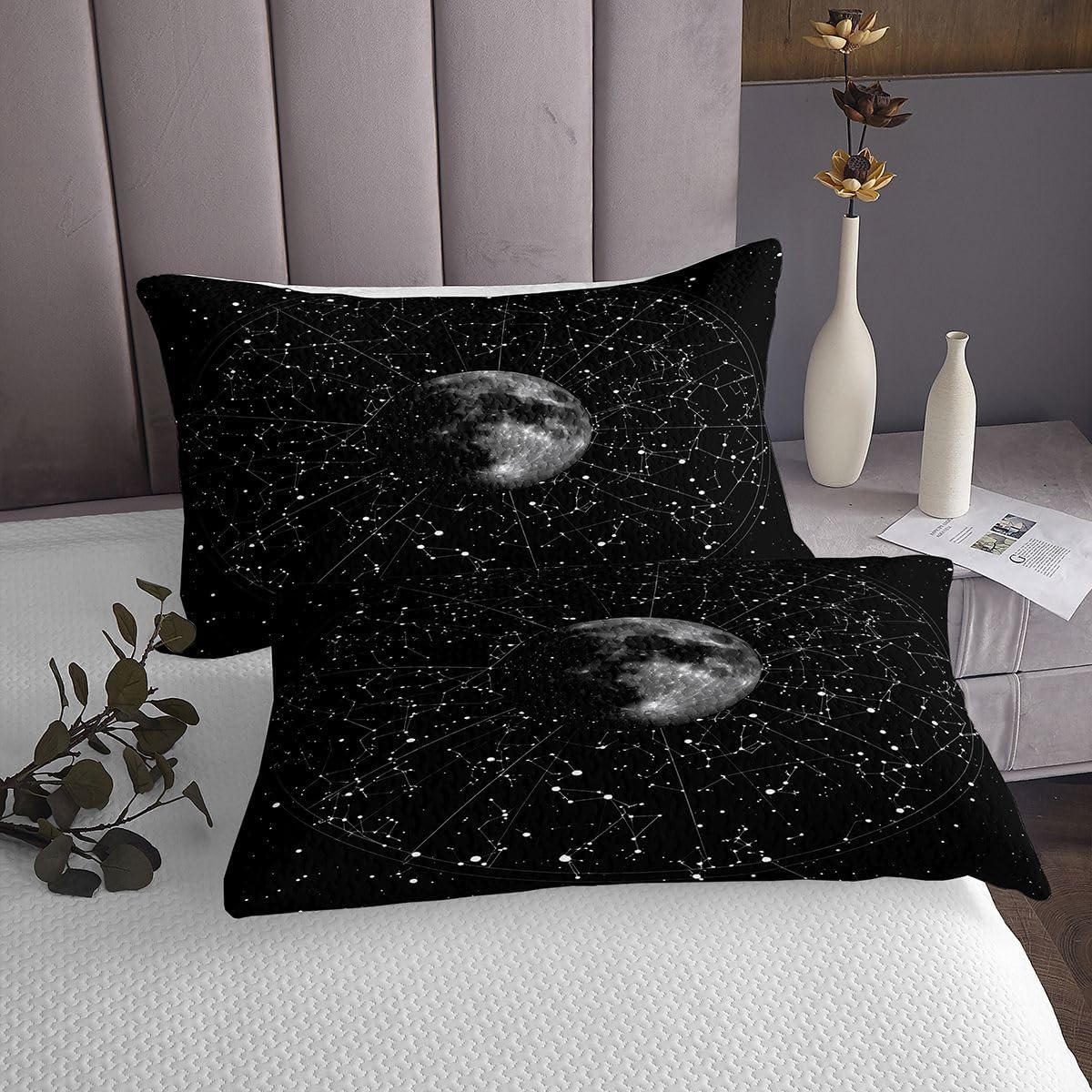 jejeloiu Purple Galaxy Bedspread Twin Size Night Starry Sky Coverlet Set Space Stars Moon Quilted Coverlet for All Season with 1 Pillowcase Glitter Microfiber Lightweight