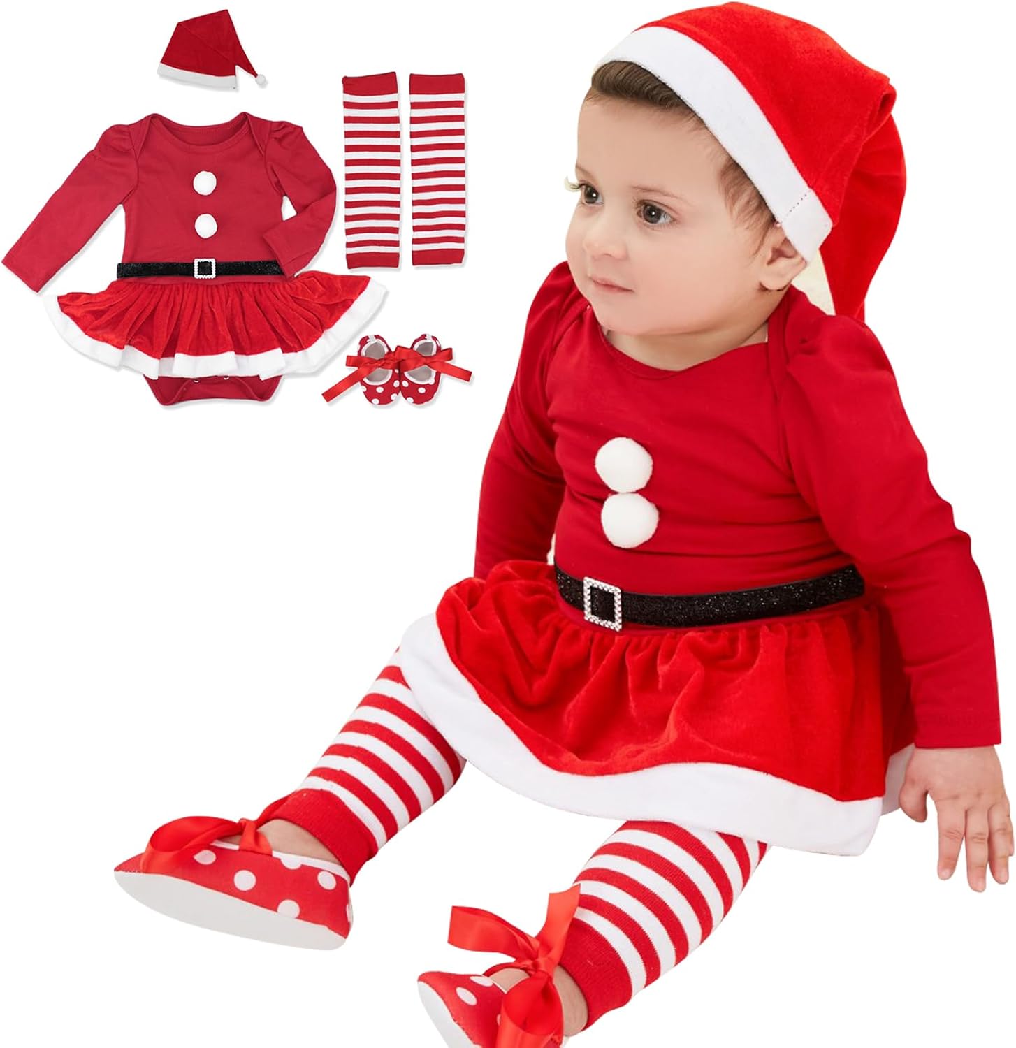 Yanmucy 4PCS Newborn Baby Girl Christmas Dress Santaa Tutu Romper Skirt Xmas Hats Leg Warmer Shoes Set for 0~18 Months