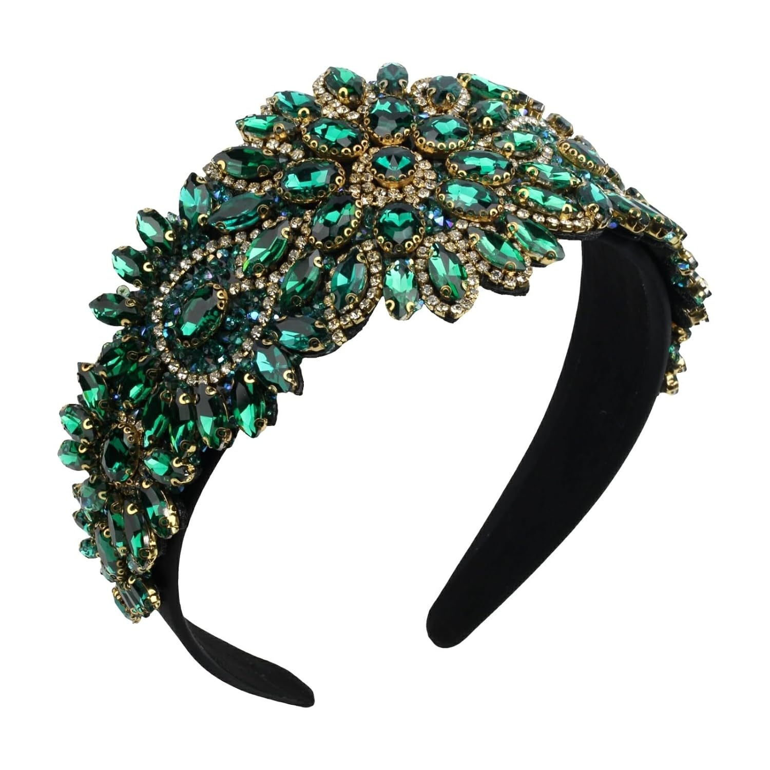 Baroque Crystal Flower Headband for Women Big Wide Chunky Rhinestone Bead Hairband Hairwear Jeweled Head Accessories (H1065-green)