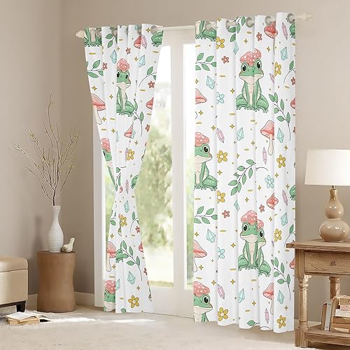 Miniatura 4 de Erosebridal Cortinas de ventana con rana verde y hongo rosa Kawaii Cortinas opacas de rana de árbol lindas Cortinas de animales para decoración de