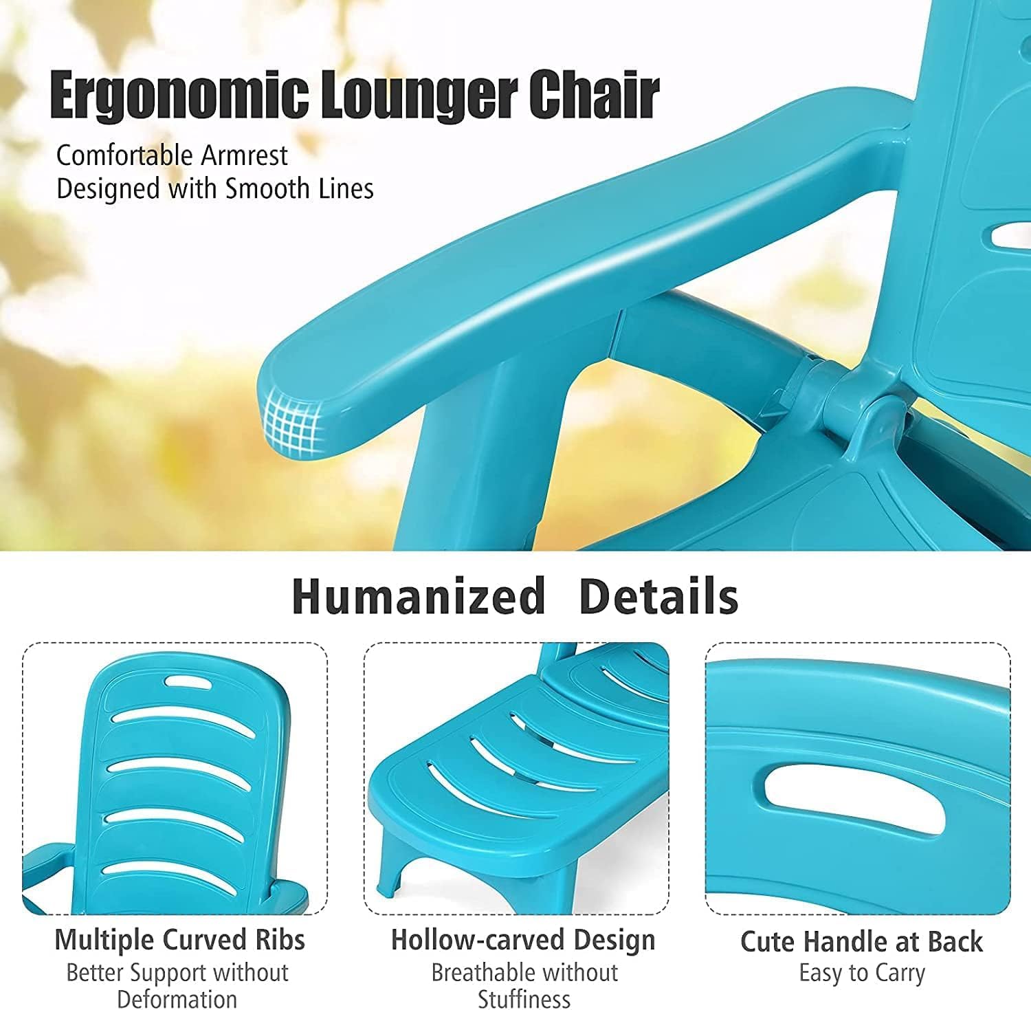 Moccha Adjustable Chaise Lounge, Plastic Folding Chaise Lounge Chair w/ 2 Rolling Wheels, 5-Adjustable Positions, Armrests, Patio Lounger for Poolside Yard Garden Sunbathing Beach Chair