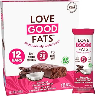 Love Good Fats Keto Protein Snack Bars - Truffle Coconut Chocolate Chip - 11g Good Fats, 8g Protein, 4g Net Carbs, 2g Sugar, Gluten-Free, 12 Pack