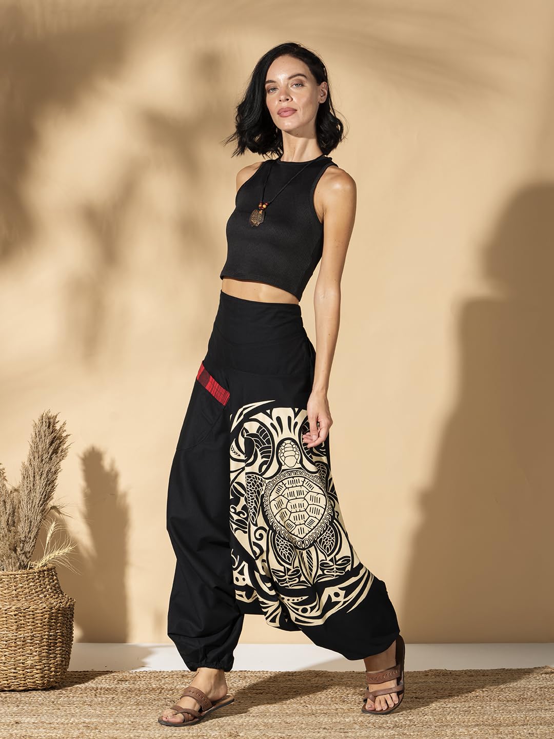 The Veshti Company Damskie letnie spodnie haremki z nadrukiem, bawełniane boho hipisowskie spodnie oversize Palazzo dla kobiet