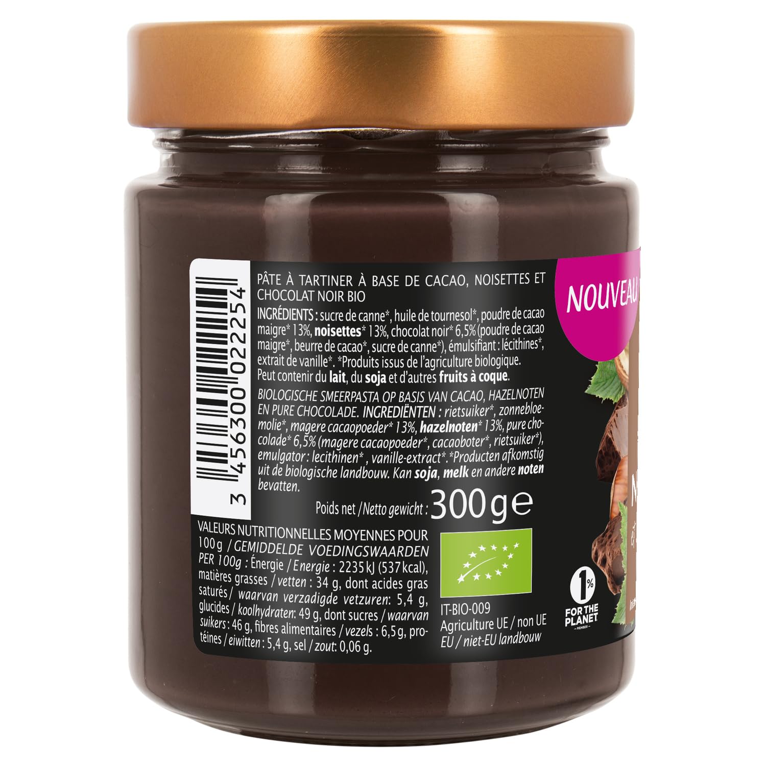 JARDIN BIO Pâte à tartiner Noir Intense et Noisette - 300g en pot verre recyclable - Sans huile de palme, sans lécithine de soja - Ingrédients bio - Lot de 3