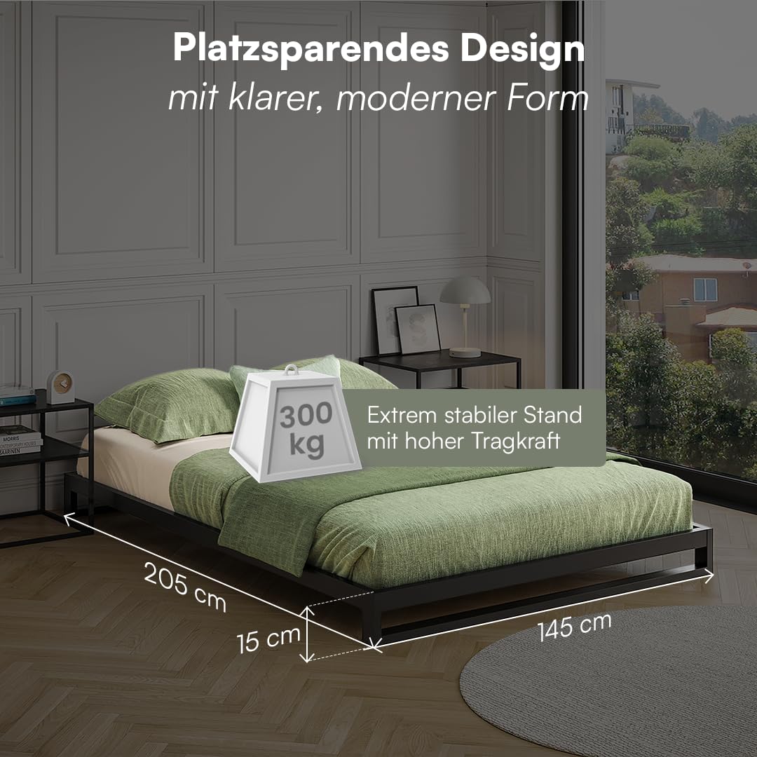 skølm Vidar Metallbett 140x200 cm – Bett aus Metall mit Lattenrost – stabiles Metall Bettgestell Schwarz – Bettrahmen geeignet als Doppelbett – Doppelbettgestell 15 cm hoch – Gästebett