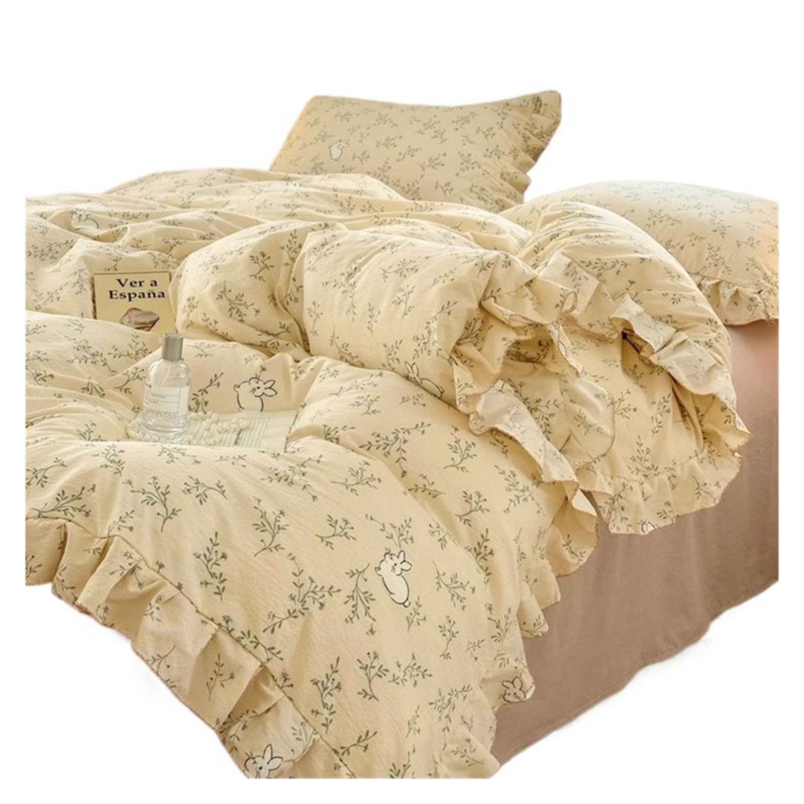 GCYEIDMA Ruffle Duvet Cover Bedding Sets Ruffle Lace Bow Quilt Cover Romantic Bedclothes Decor Woman Bedroom Duvet 4pcs(Color 2)