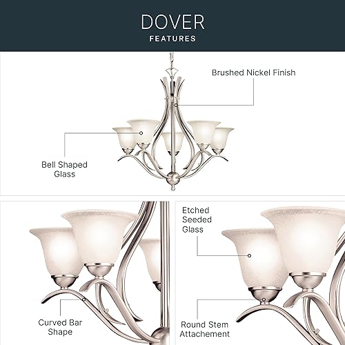 Vista 3 de Kichler Dover - Lámpara de araña de 23 pulgadas en níquel cepillado, 5 luces clásicas para vestíbulo o comedor con vidrio semillado grabado