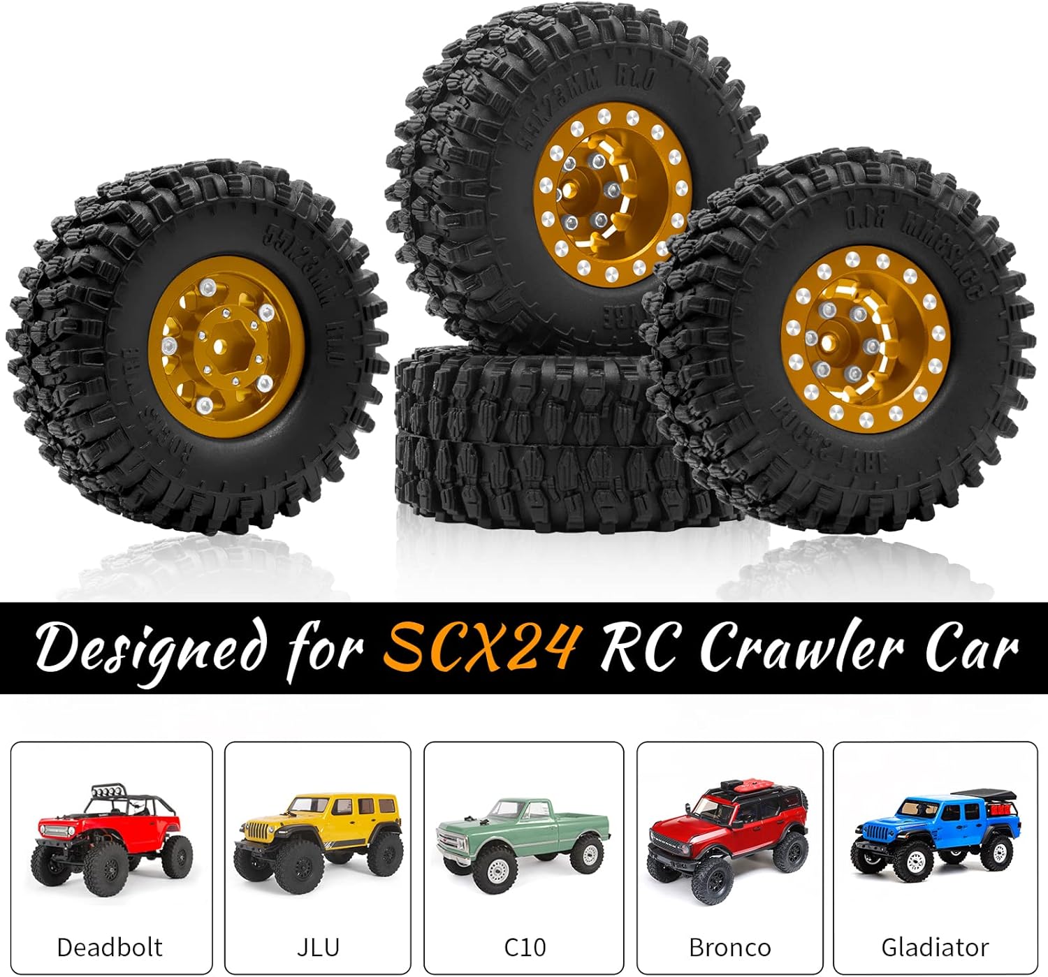 OGRC 1.0 Wheels Deep Dish Rims Negative Offset 7mm Wheels with New Compound 1.0 Tires for Axial SCX24 Gladiator Bronco C10 JLU Deadbolt RC Crawler Upgrades Parts (Orange)
