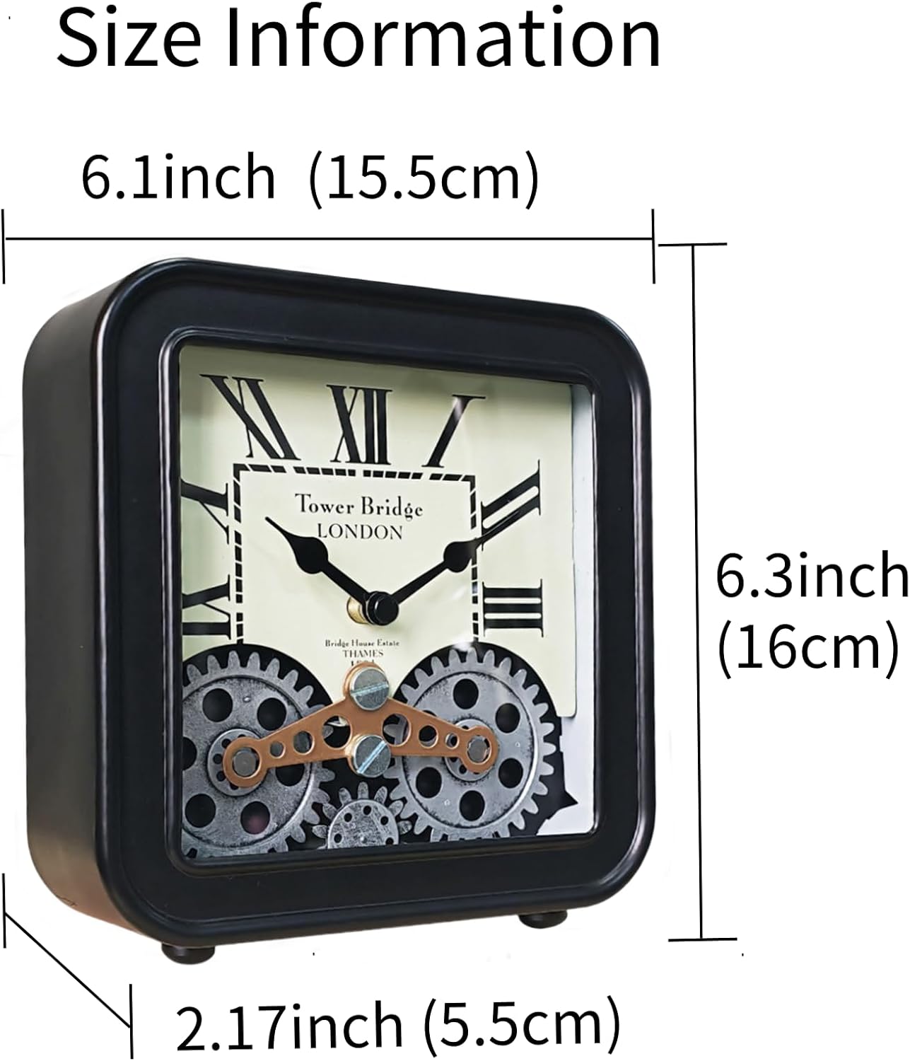 Steampunk Desk Clock with Moving Gears 6 Inch Vintage Metal Table Clock, Silent Non-Ticking Quartz, Battery Operated Industrial Decor for Home Office Shelf Living Room Mantel（Black）